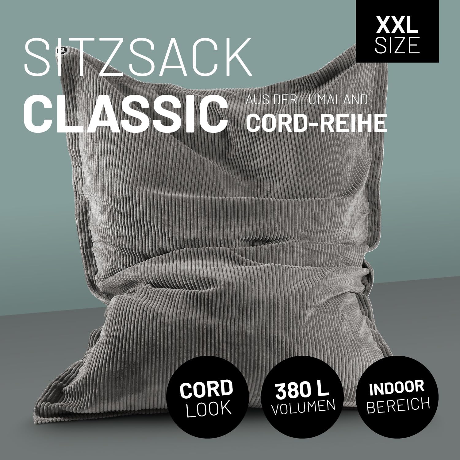 Pouf Géant XXL Lumaland - 2 Housses (velours Côtelé + Extérieur) - Rembourrage Perles EPS, 380L, 140x180cm - Intérieur & Jardin