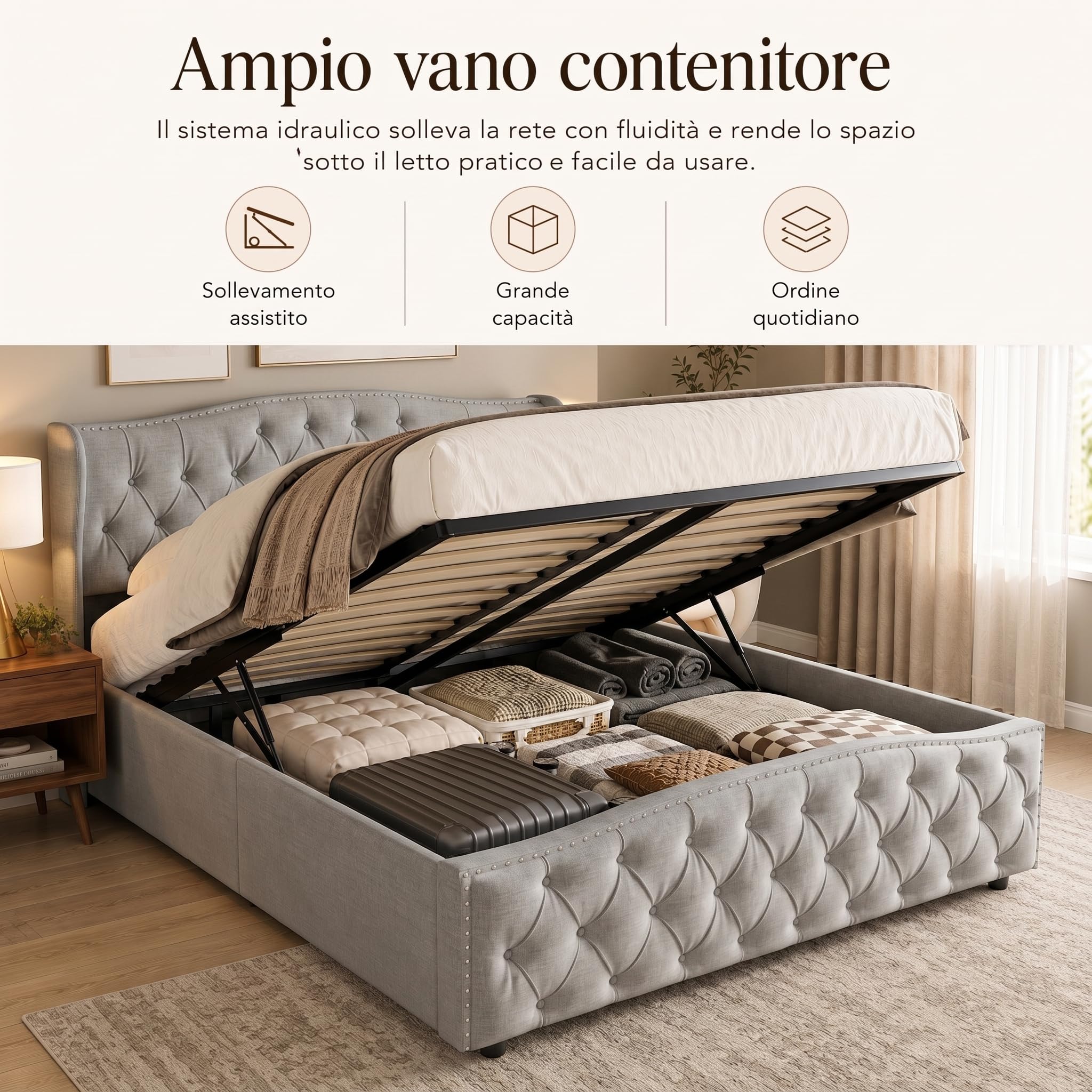 Letto Imbottito Matrimoniale 160 x 200 cm, Letto di Stoccaggio Idraulico