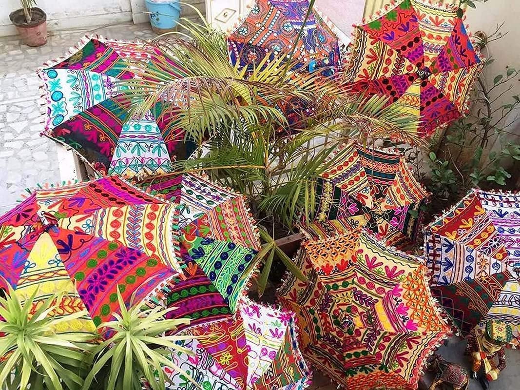 EXEMARTZ (Pack of 2) Traditional Rajasthani Embroidered Umbrellas – Handmade Ethnic Parasols for Wedding Decor, Navratri Garba, Festivals & Couple's Photo Backdrops 4