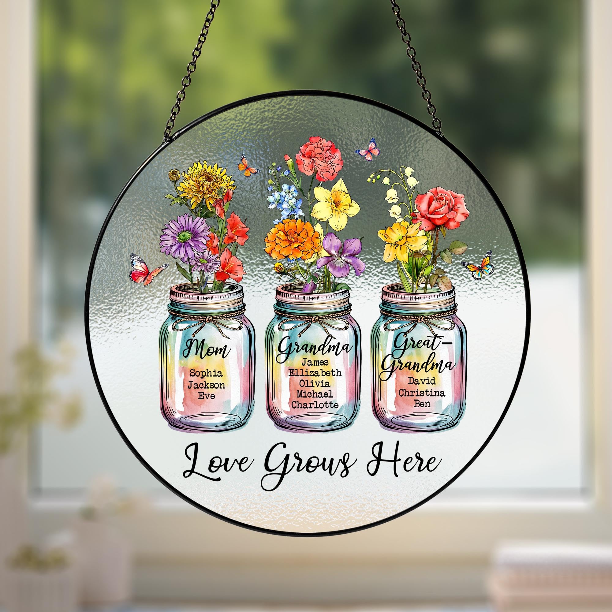 Customized Grandma Stained Glass Suncatcher Window Hangings, Grandmas Gift, Birth Flower Stained Glass suncatcher, for Grandma, Grandmas Garden Suncatchers,Gifts for Mom