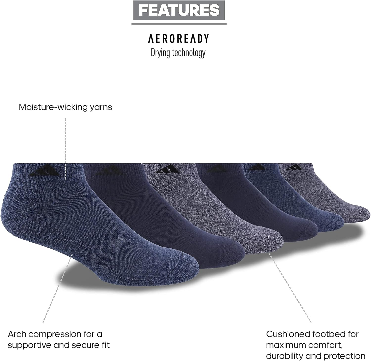 adidas Men's Athletic Cushioned Low Cut Socks with Arch Compression for a Secure Fit (6-Pair) Large Legend Ink Blue/Tech Ink Blue/Light Onix Grey