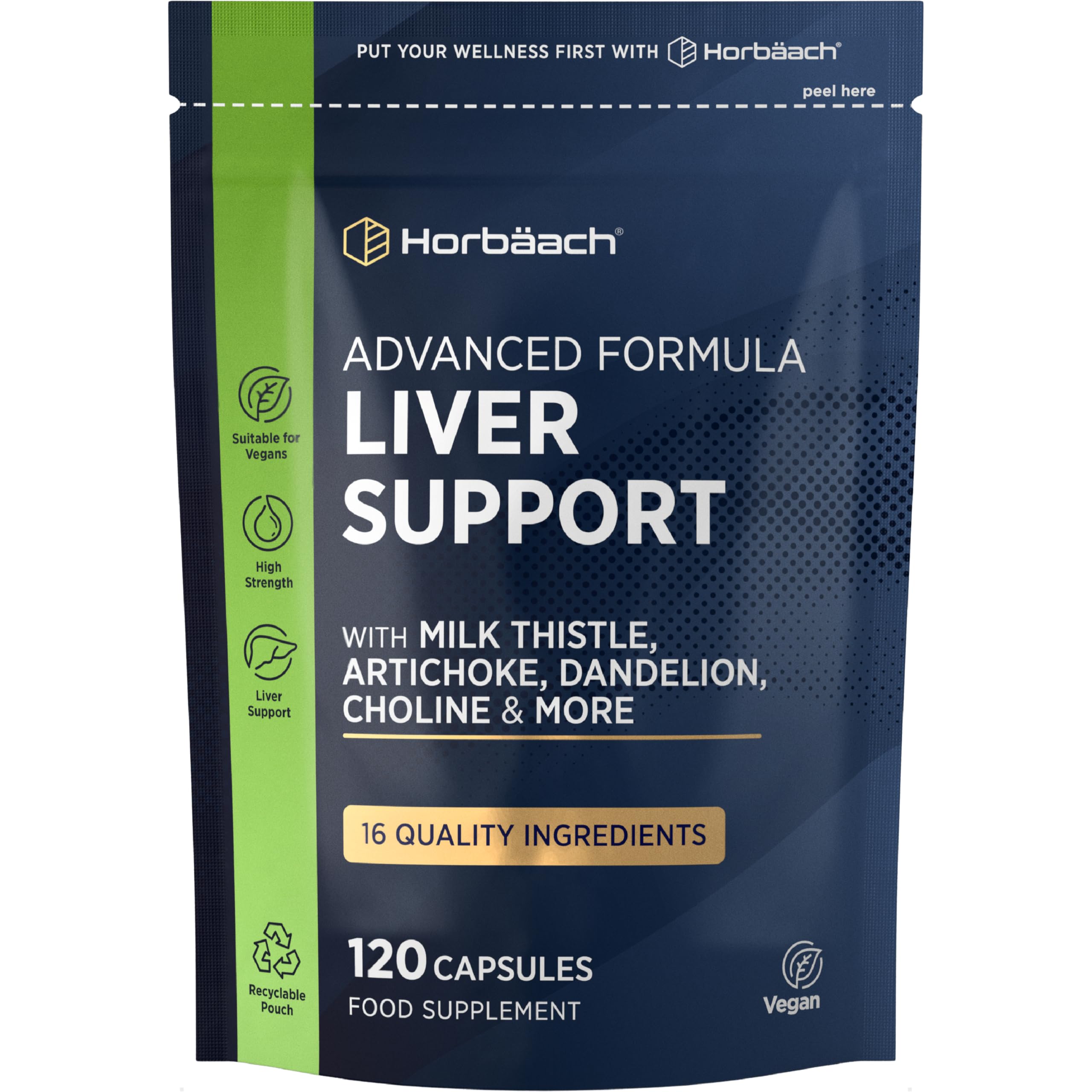 Liver Support Supplement | Milk Thistle Complex with Artichoke, Dandelion, Choline, Turmeric, Beetroot and More! | 16 Active Ingredients | Vegan Liver Health | 120 Capsules | by Horbaach