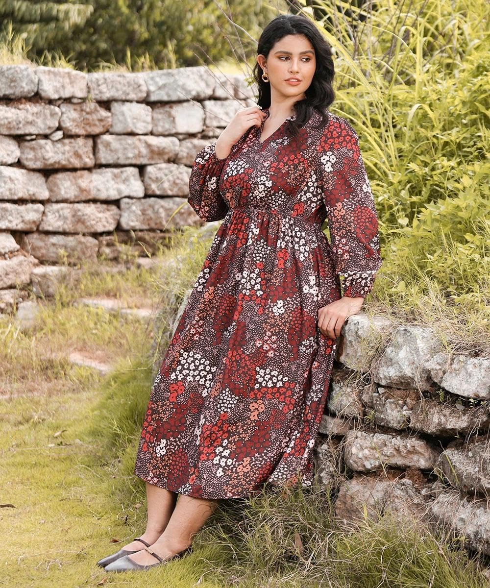 TIYOMI Womens Plus Size Dresses Fall Long Sleeve Maxi Dresses V Neck Floral Spring Dress with Pockets XL-5XL (14W-28W) - Image 4