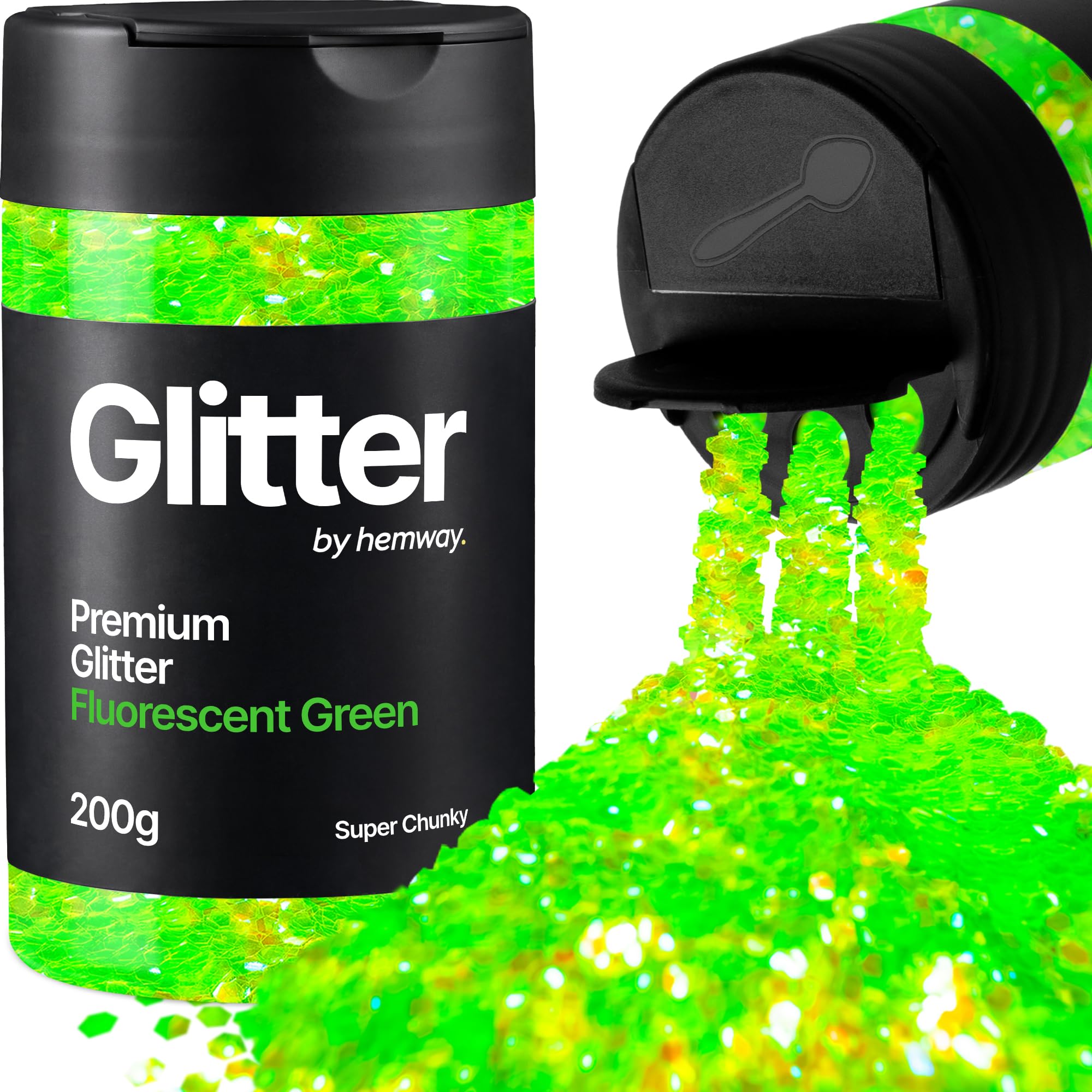 Hemway Fluorescent Green Glitter Shaker, 200g Super Chunky Glitter for Crafts Metallic Flake Sequins for Resin & Epoxy Crafts for Decorating, Halloween, Christmas, Nail, Face, Art