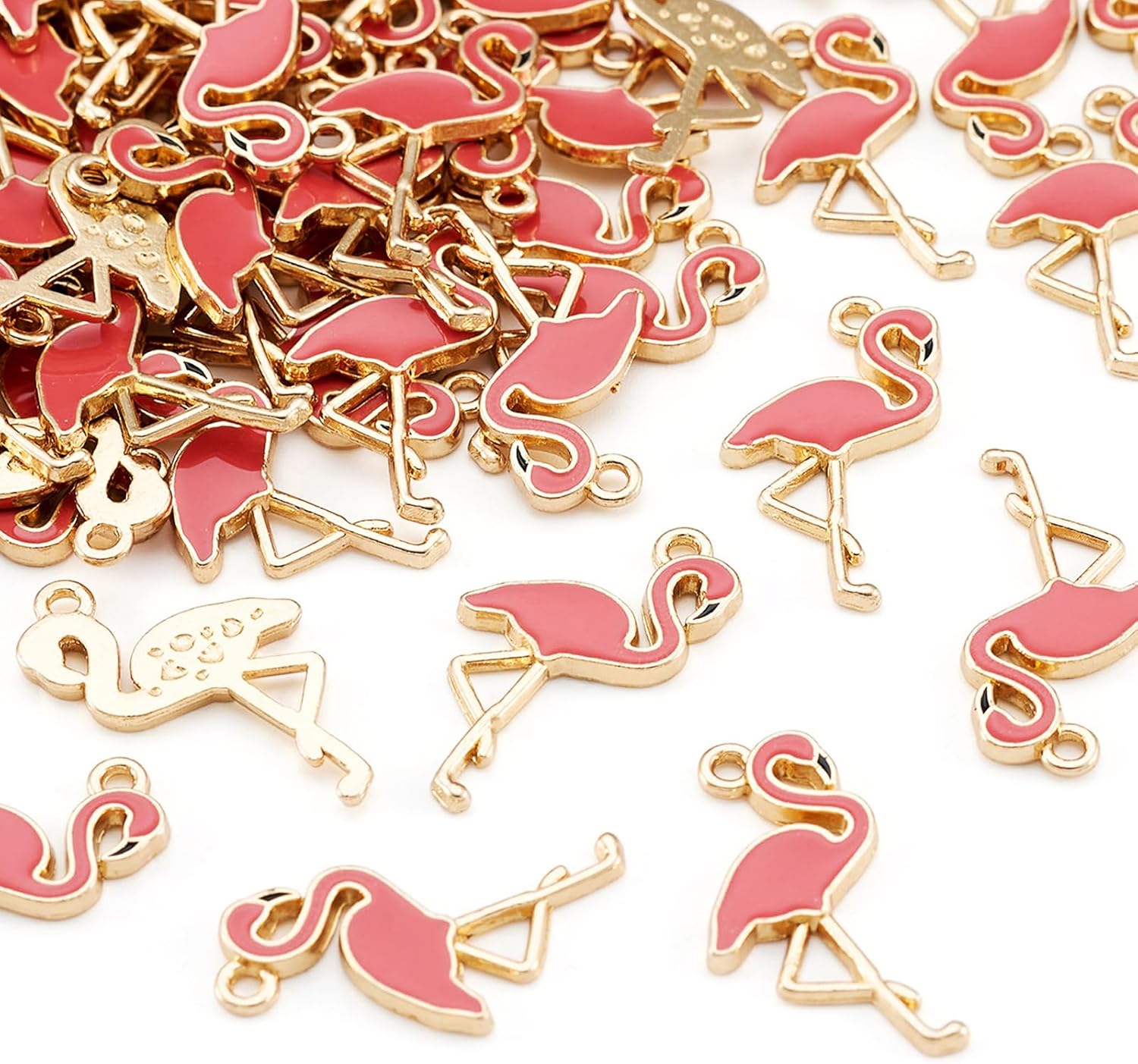 Beadthoven 100pcs Pink Flamingo Enamel Charm Pendants Light Gold Plated Mini Flamingo Animal Dangle Charms for Jewelry Making Bracelets Necklace Earrings DIY Crafts
