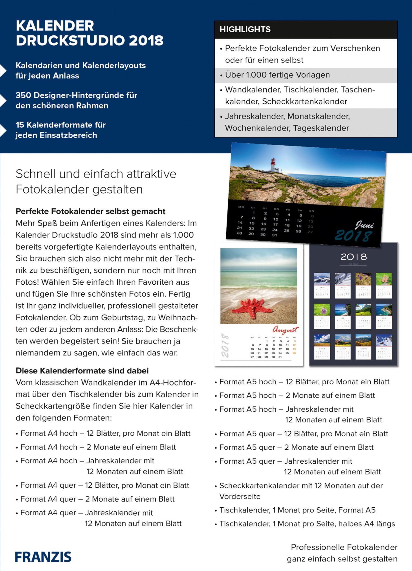 FRANZIS Kalender Druckstudio (2018) Software