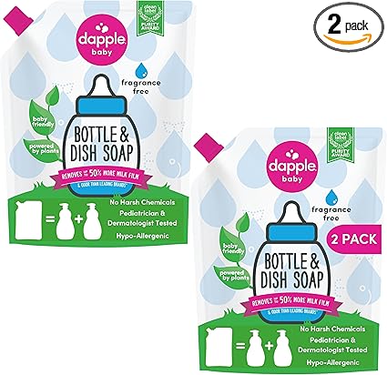 Dapple Baby Bottle Soap, Hypoallergenic Dish Soap for Baby Bottles, Powered by Plants, Fragrance Free, 34 Fl Oz (Pack of 2)