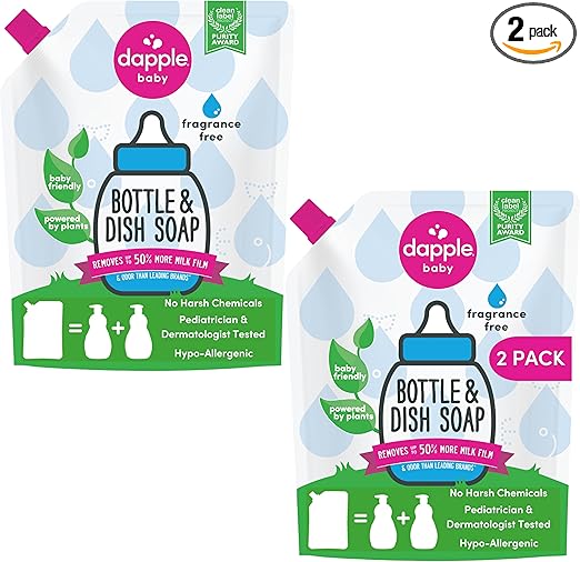 Dapple Baby Bottle Soap, Hypoallergenic Dish Soap for Baby Bottles, Powered by Plants, Fragrance Free, 34 Fl Oz (Pack of 2)