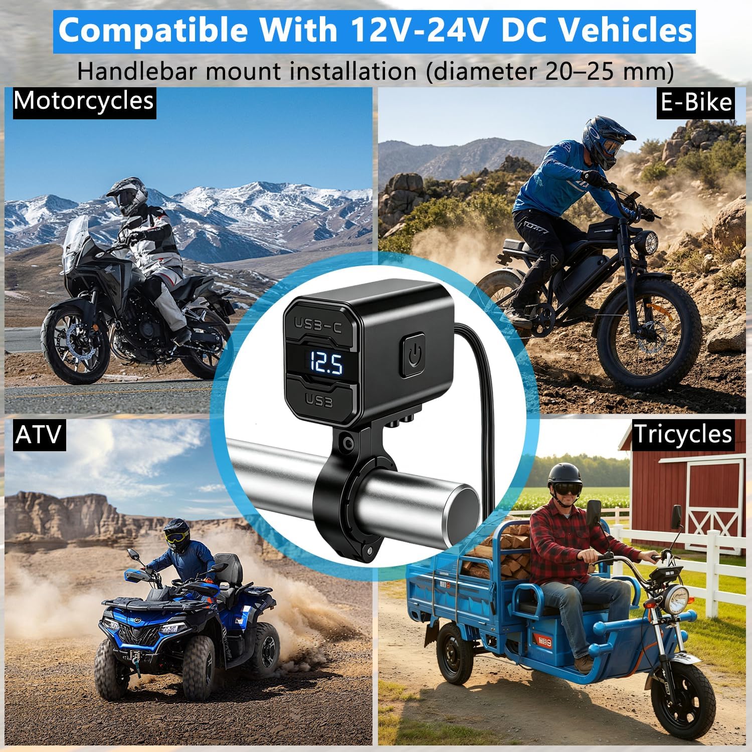 Motorcycle USB Charger PD 36W+QC 18W Fast Charging Port Waterproof