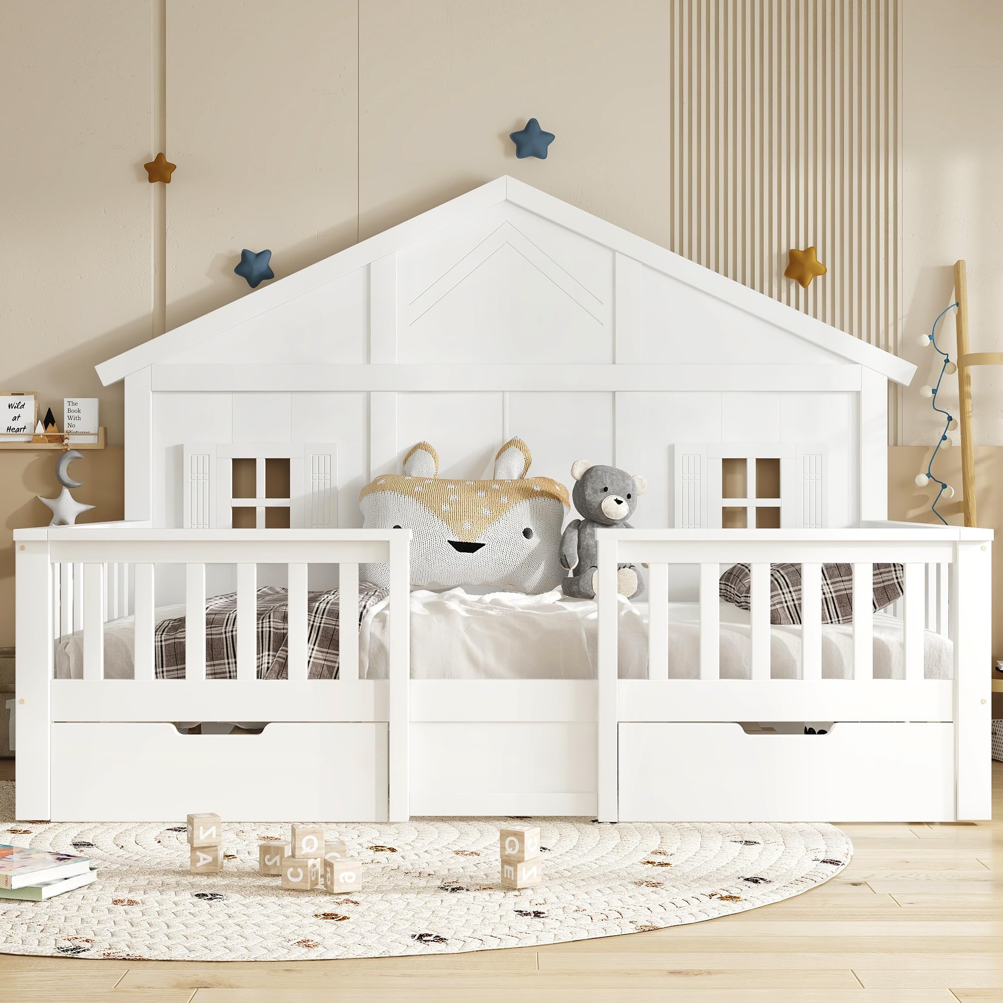 Kinderbett Hausbett 90x200, Montessori Bett Holzbett mit Rausfallschutz&Lattenrost, Einzelbett mit 2 Schubladen&Fenster&Dach, Gitterbett Jugendbett Bettgestell Spielbett, Kiefer, Ohne Matratze, Weiß