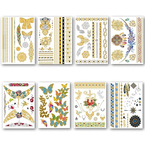 REFFU Tatuajes temporales metálicos 8 hojas grandes tatuajes de purpurina dorada y plateada para mujeres niñas y adultos tatuajes de mandala