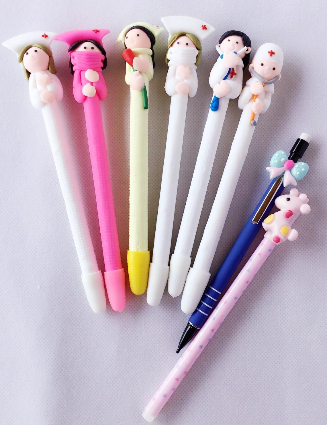 8PCS (6 Doctor Nurse Ball Pens With 1 Horse Pen and 1 Pencil) Cute Kawaii Novelty Cartoon Ballpoint Pens 0.5mm Fine Point Prizes For Kids School Family Teens Office