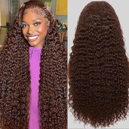 Anderah 30Inch Chocolate Brown Deep Wave Lace Front Wigs Human Hair 200 Density 13x6 HD Lace Frontal Wigs Curly Human Hair Wig For Women Pre Plucked with Natural Hairline 4# Brown Color