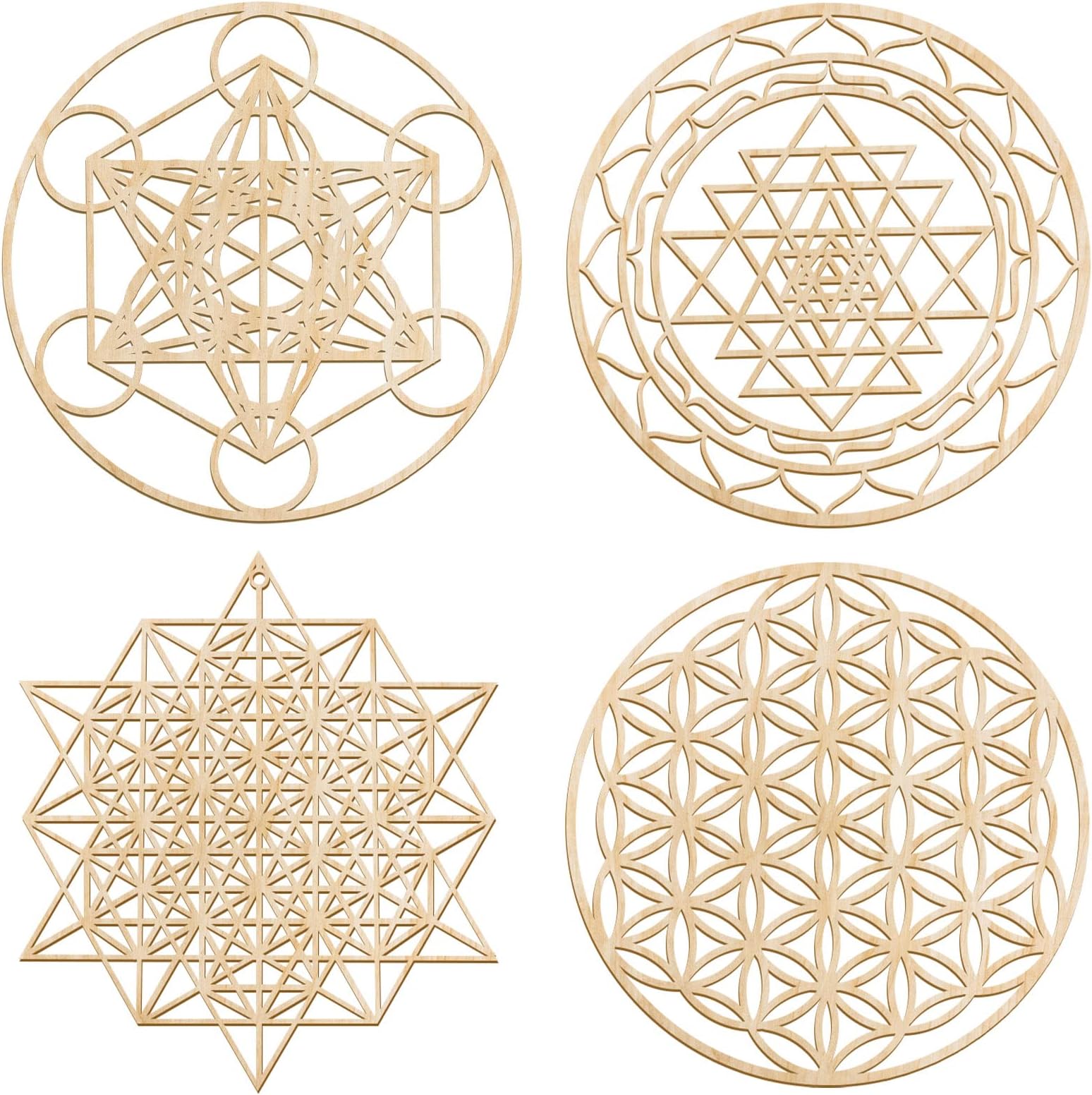 Leinuosen 4 Pcs 12 Inch Crystal Grid Board Sacred Geometric Wall Art Set Metatron Cube, Flower of Life, Sri Yantra, 64 Star Tetrahedron Pagan Decor Home Wall Decor for Room (Wood Color)