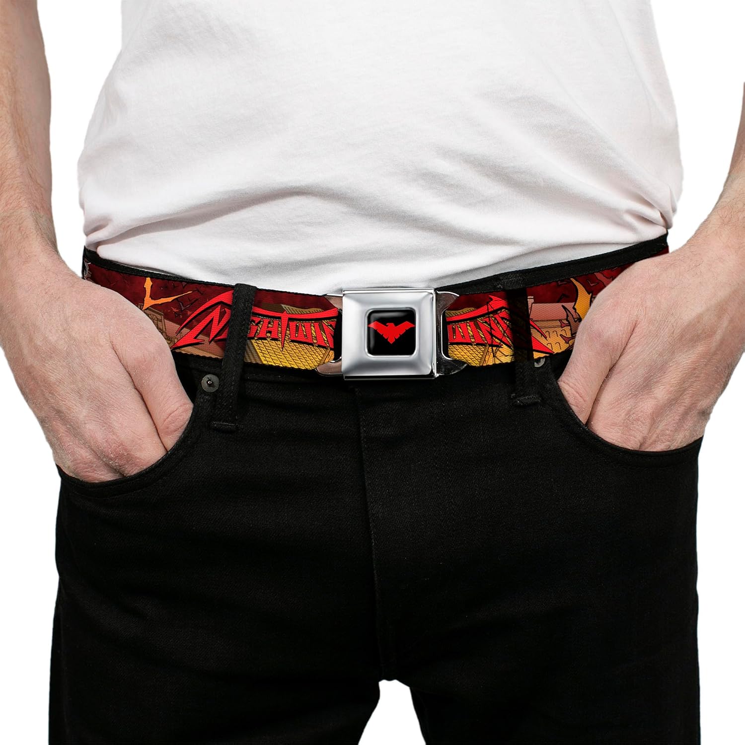 Buckle-Down Seatbelt Belt - NIGHTWING Poses/Bats Welcome to Gotham Comic Book Cover - 1.0" Wide - 20-36 Inches in Length