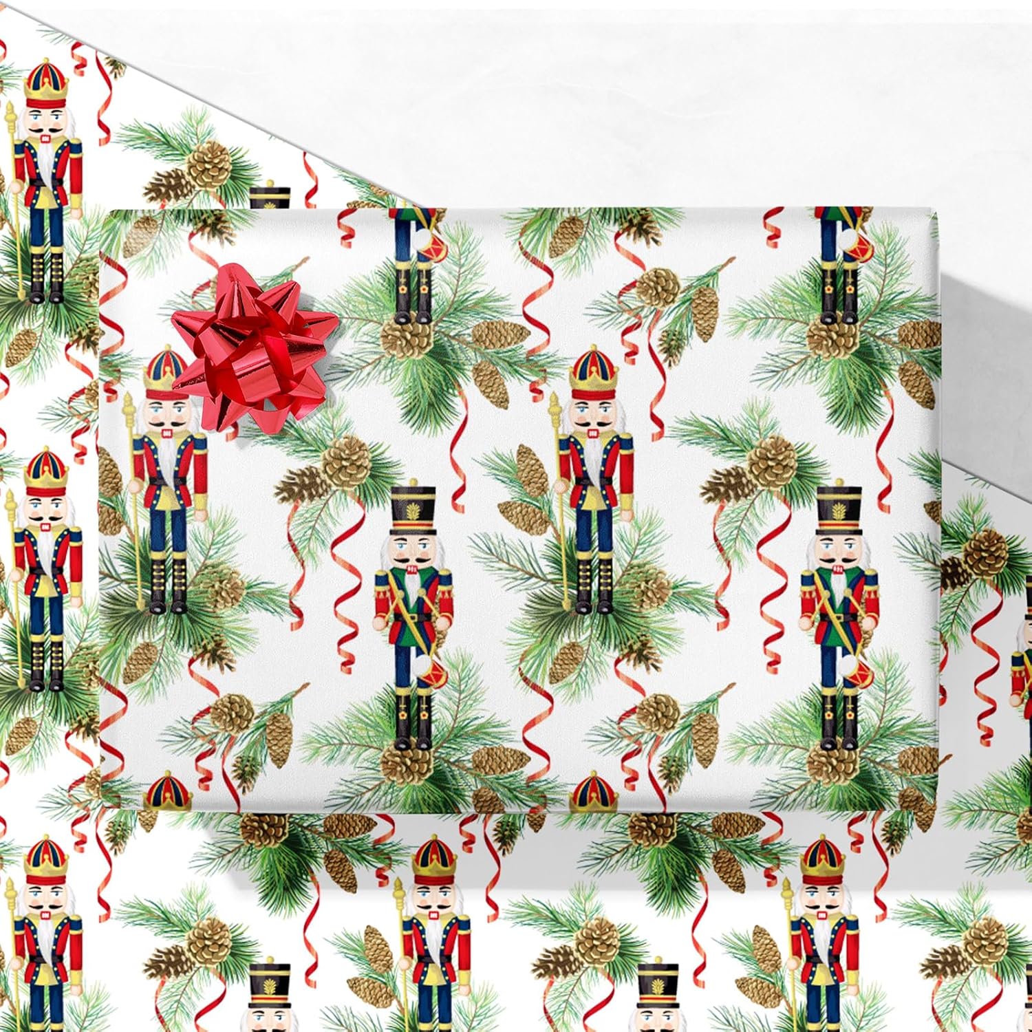 GIOLNIAY Nutcracker Christmas Wrapping Paper for Kids Adults - Holiday Gift Wrap with Nutcracker, Ribbons & Greenery on White - 4 Jumbo Sheets, 28" x 40" Each (31 sq. ft ttl), Easy to Store Nutcracker Xmas
