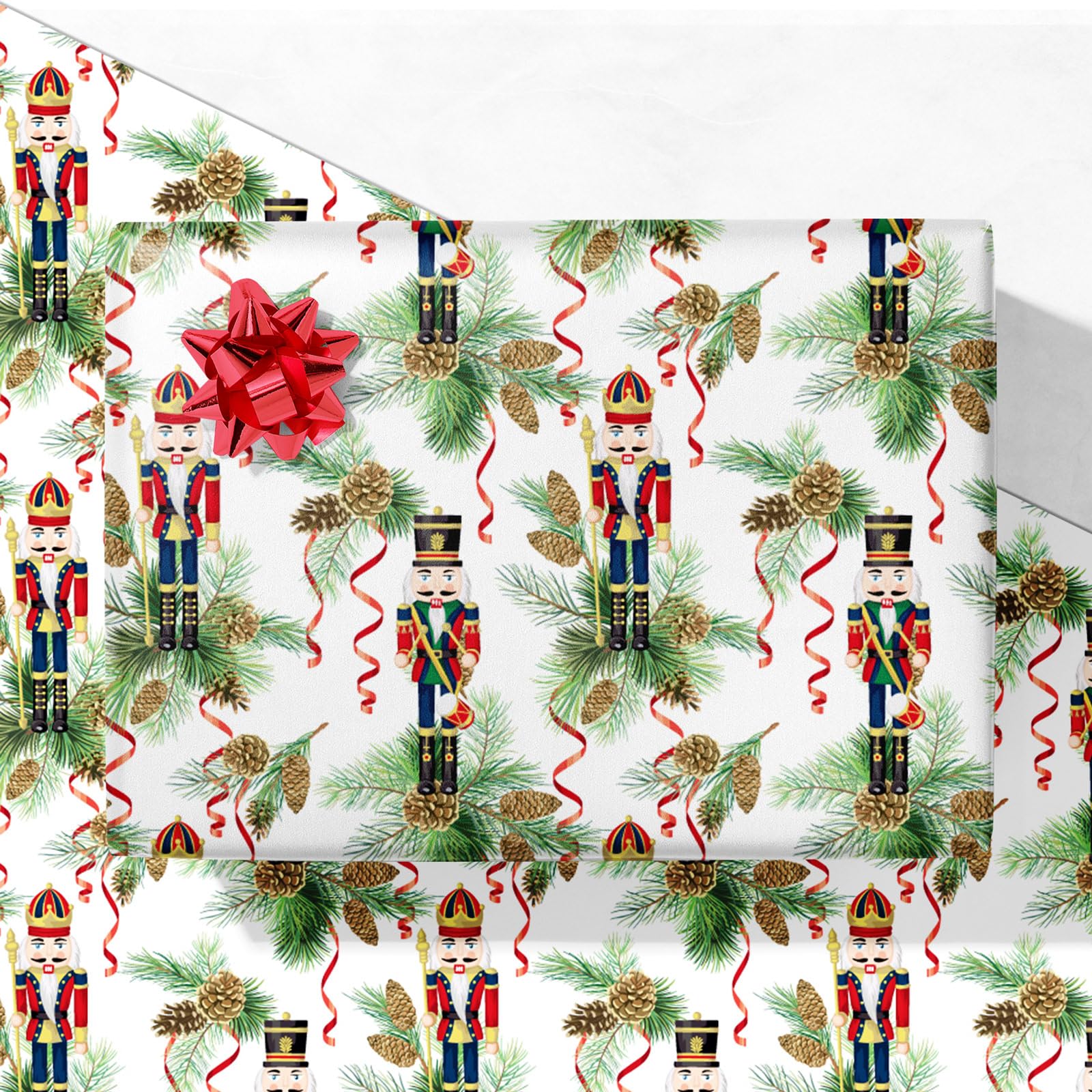 GIOLNIAY Nutcracker Christmas Wrapping Paper for Kids Adults - Holiday Gift Wrap with Nutcracker, Ribbons & Greenery on White - 4 Jumbo Sheets, 28" x 40" Each (31 sq. ft ttl), Easy to Store