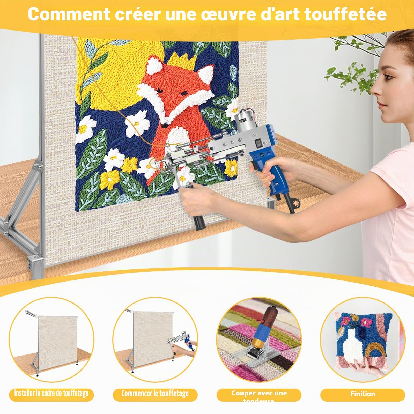 lesolar Kit de démarrage pour pistolet à touffeter pour tapis 2025 3 en 1, pistolet à poils pour tapis avec tissu à touffeter, cadre à touffeter de 70-100 (max) cm et tailleur de tapis. Idéal pour les