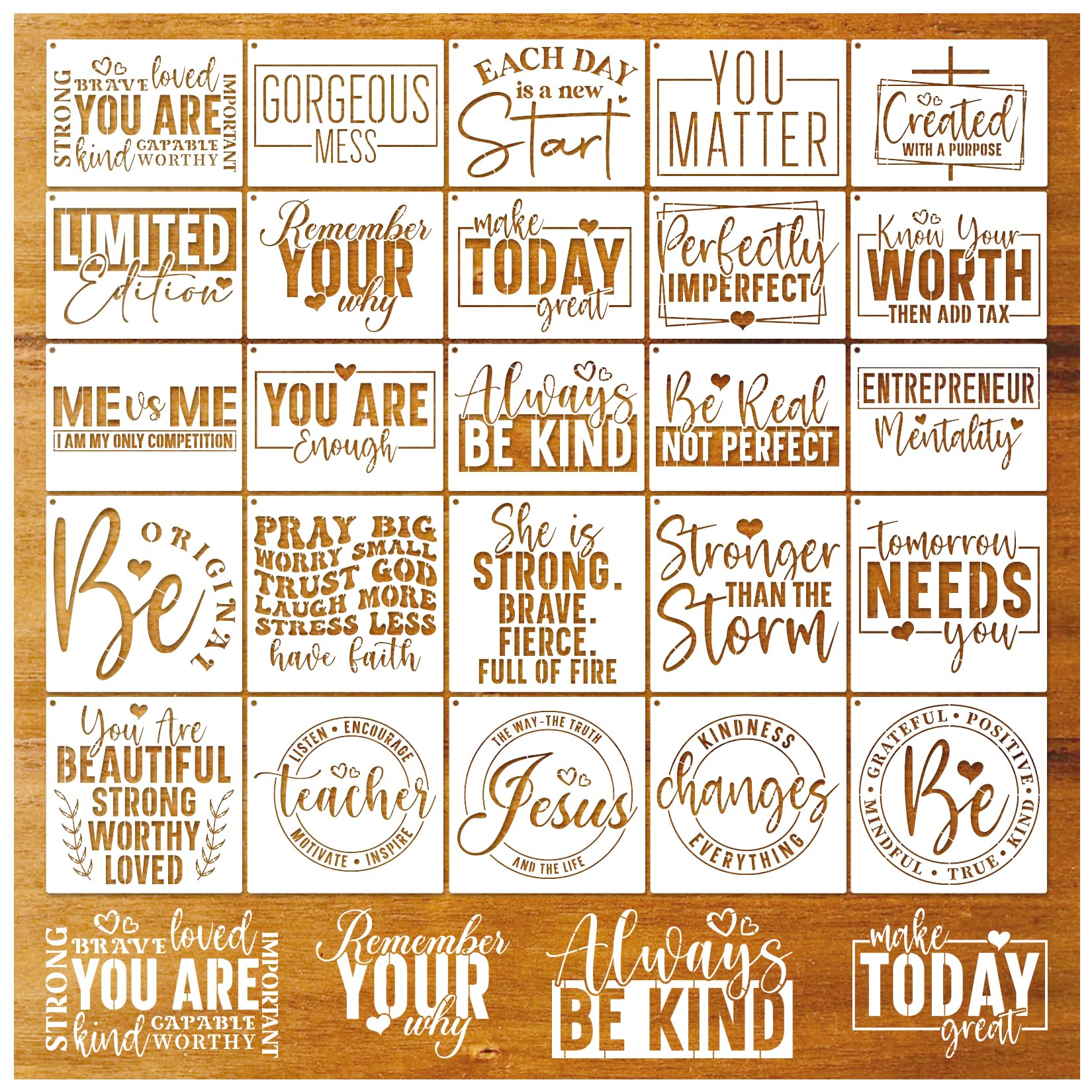 25Pcs Inspirational Word Stencils for Crafts Reusable Quotes Motivational Stencil Positive Drawing Faith Stencils for Painting on Wood Canvas Fabric (25 Words)-image-19