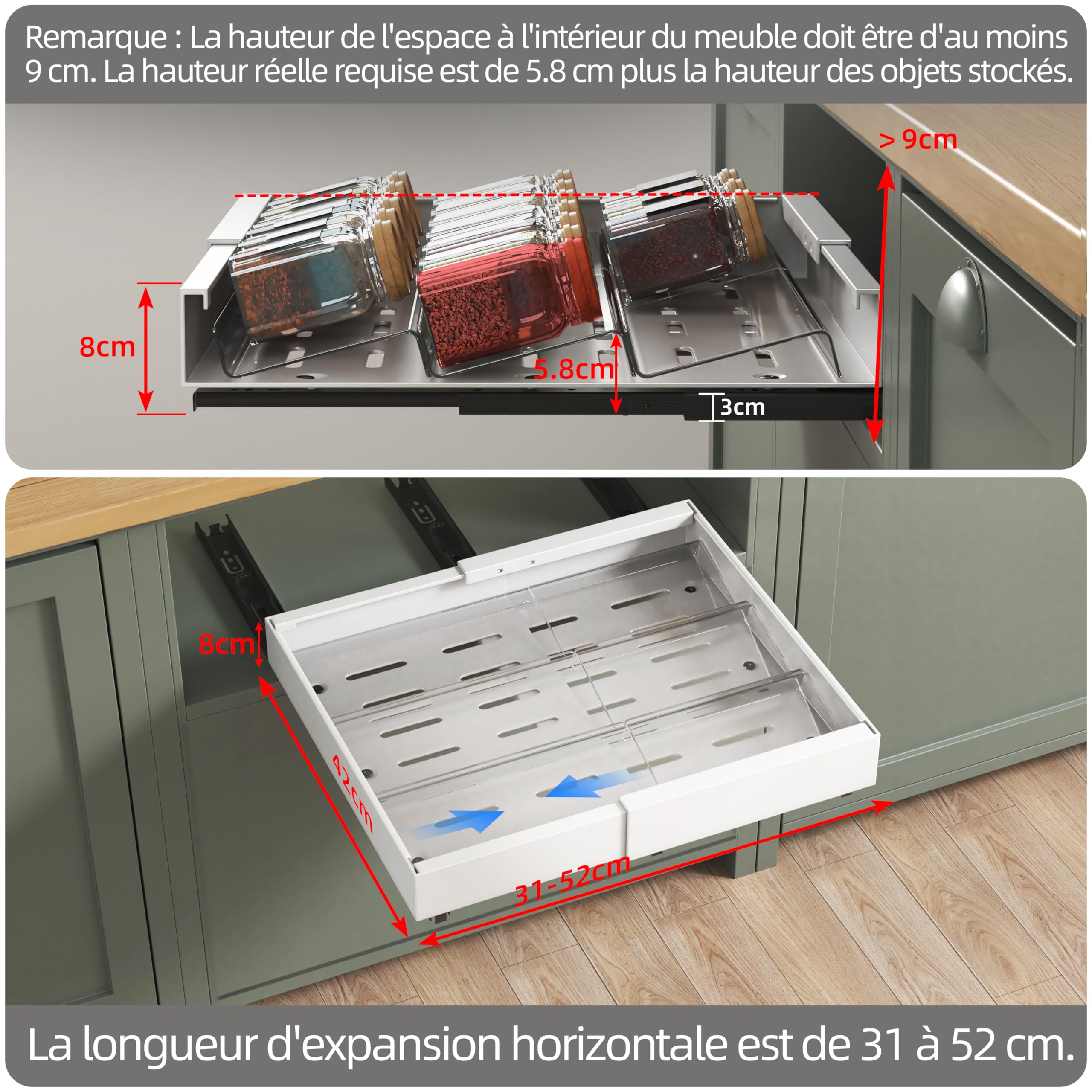 NETEL Lot de 2 tiroir coulissant cuisine et 6 pièces Organisateur Porte Épices，plateau coulissant placard，32-52cm Largeur, 42cm Profondeur,Fixation Autocollante ou par Vis,Blanc