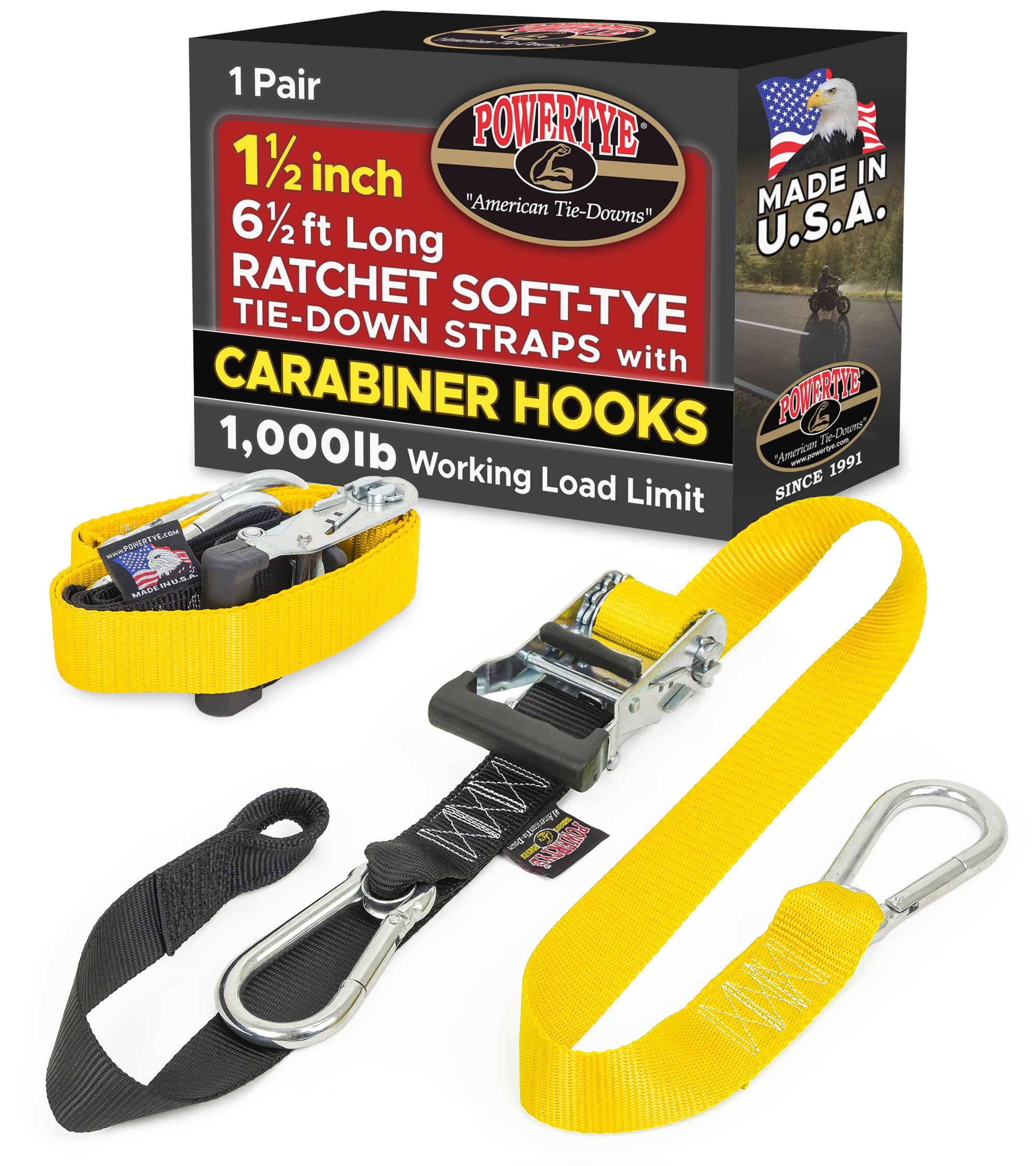 PowerTye 1.5 inch x 6.5ft Ratchet Straps w/Carabiners, Yellow/Black Pair