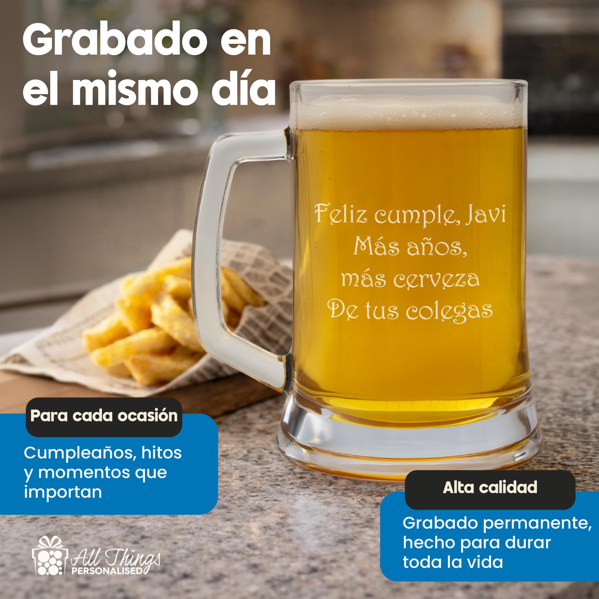 All Things Personalised Jarra de Cerveza Personalizada con Grabado, 500 ml - Regalo Original para Hombre, Padre o Abuelo - Mensaje o Nombre Personalizado - Grabado con Láser, con Caja de Regalo