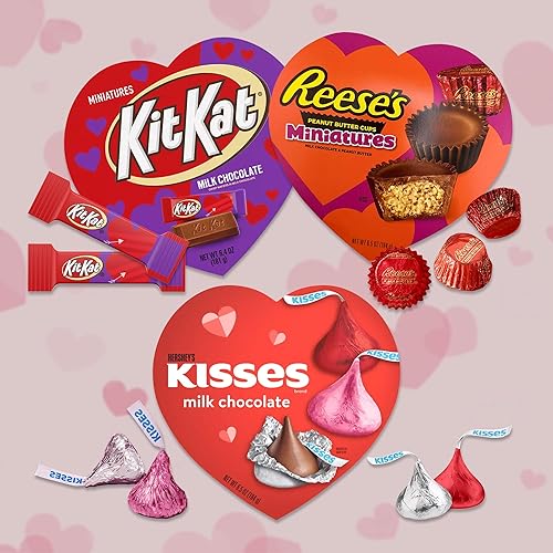 Miniatura 2 de Reeses Hearts, Kit Kat Hearts y Hershey's Kisses - Caja de corazón de chocolate para el día de San Valentín, paquete variado de 3 unidades. Juego de