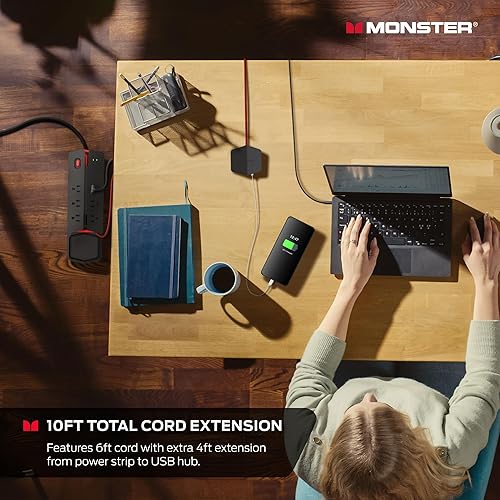 Miniatura 26 de Monster Power Center Vertex XL Protector de sobretensiones con regleta de alimentación desmontable, 10 salidas de CA, 2 puertos USB-A y 1 puerto