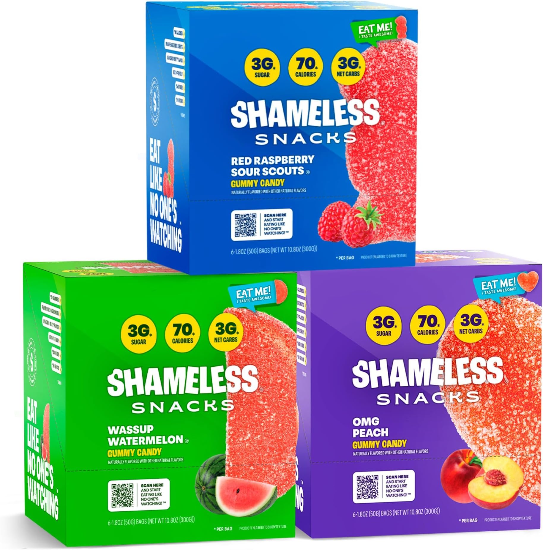 Shameless Snacks Fan Favorites Bundle Healthy Low Carb Keto Gummies Red Raspberry, Watermelon and Sour Peach
