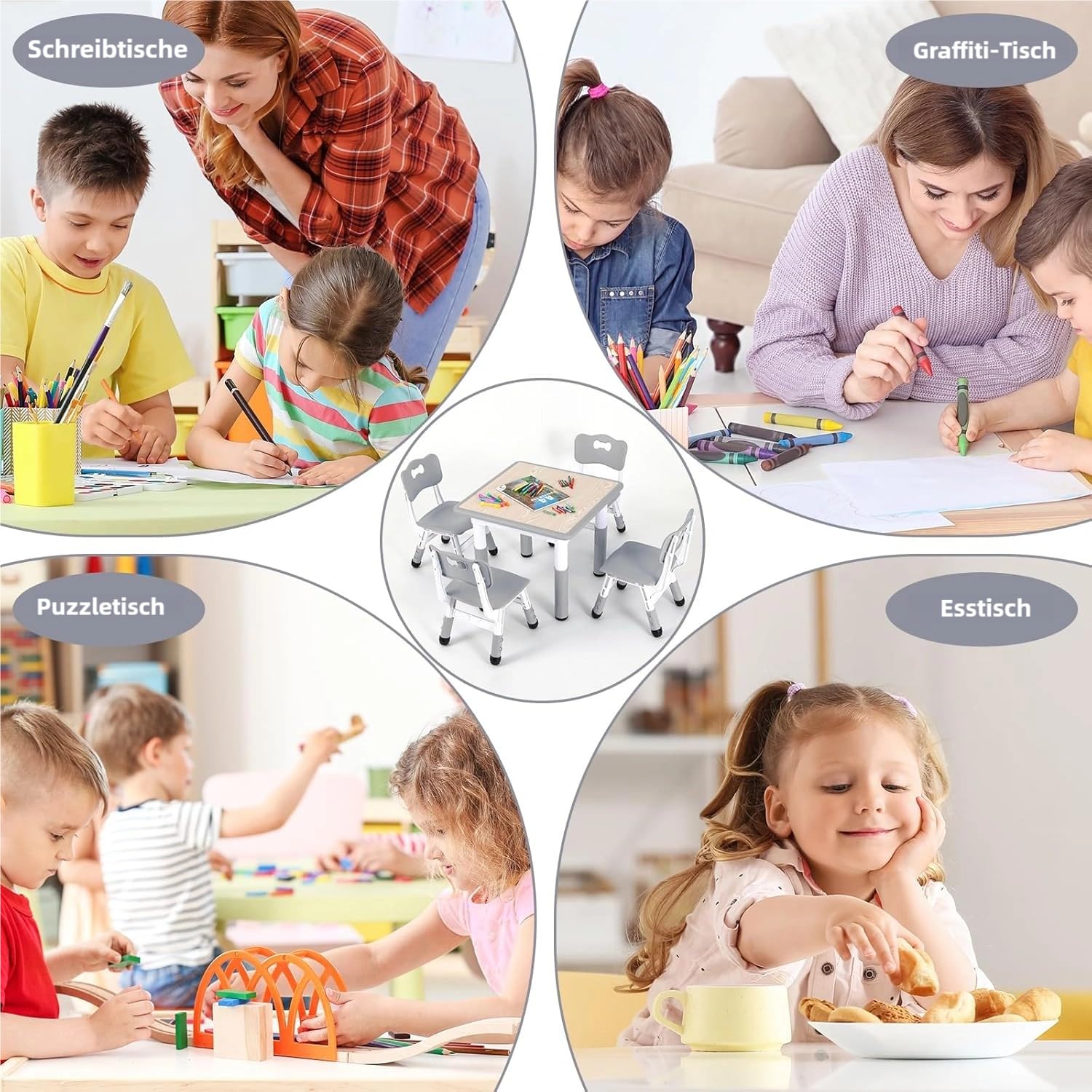 Clevich Kindertisch mit 2 Stühlen, Tisch Stuhl Set, Kindersitzgruppe Höhenverstellbar, Kindermöbel für Kinderzimmer Maltisch Sitzgruppe- Ergonomisch, Multifunktional - Grau
