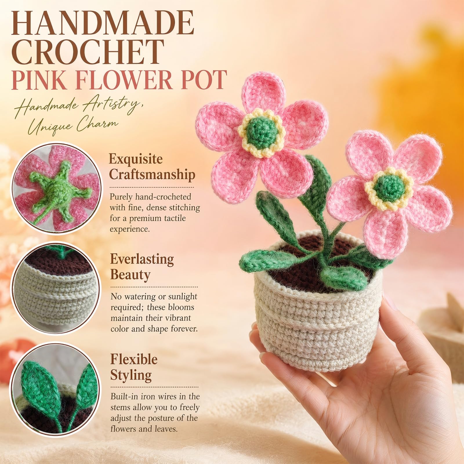 Hand-Made Crochet Wild Rose with Greeting Card and Handled Gift Bag, Spring Artificial Flowers for Mothers Day Appreciation Gifts for Family Girl Friend Other Half(Gradient Pink)