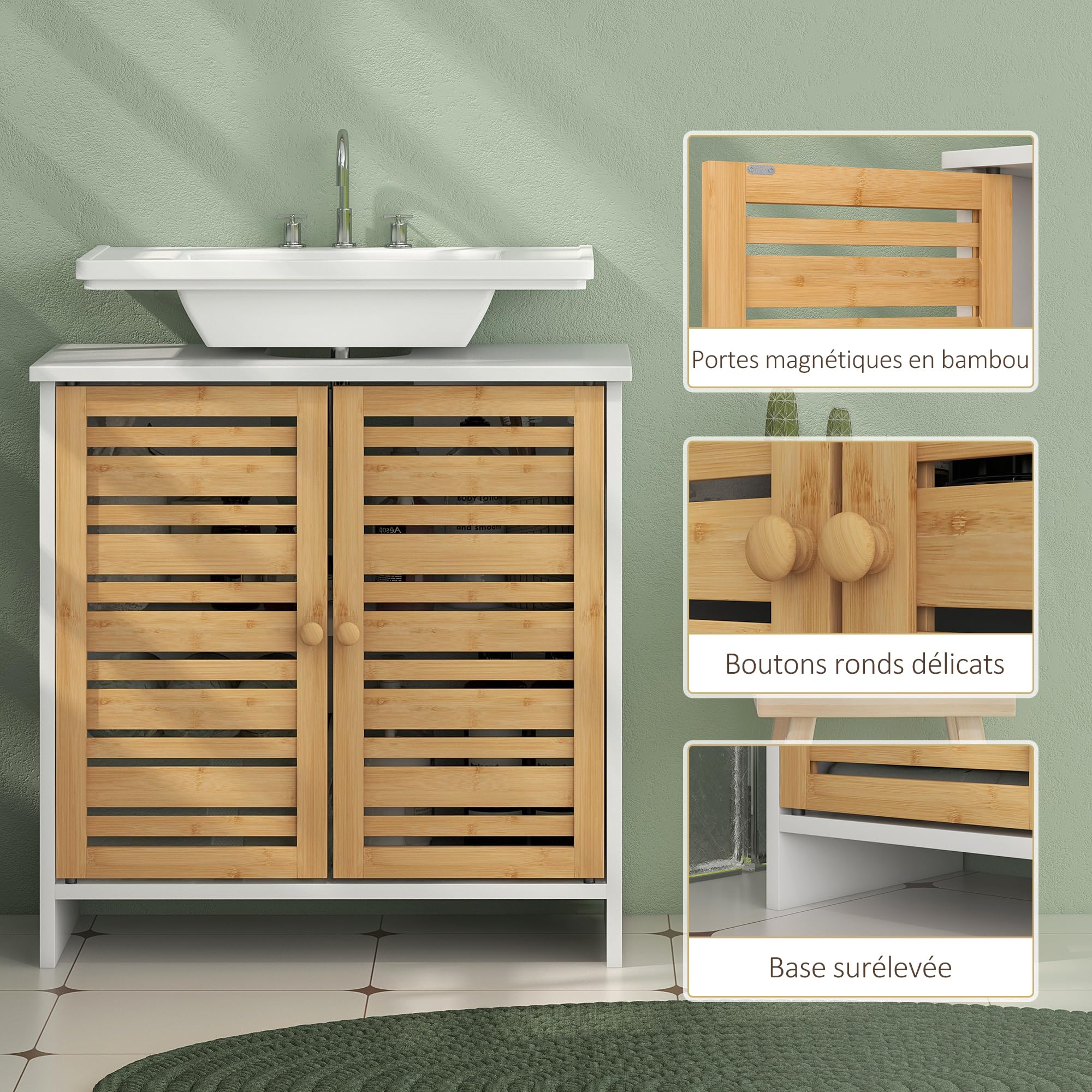 HOMCOM Meuble sous Vasque Meuble de Salle de Bain 2 Portes avec étagère réglable Armoire de Rangement pour lavabo 60 x 30 x 60 cm en Bambou Naturel et Blanc