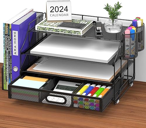 Turfson Organizador de escritorio, organizador de escritorio y accesorios con cajón, suministros de oficina de 4 niveles con almacenamiento de papel