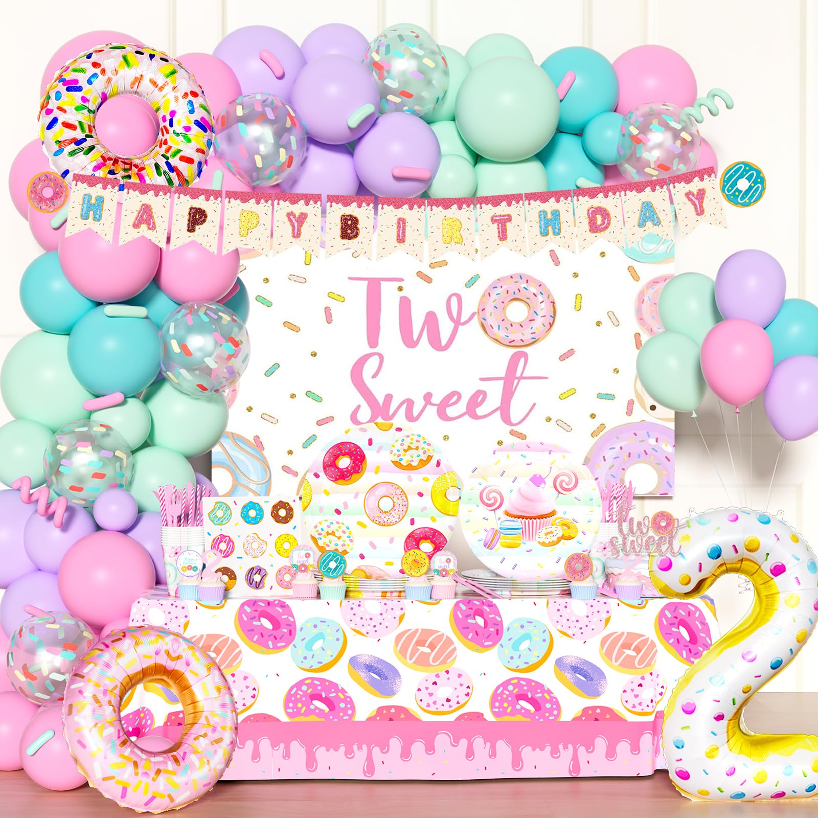 Two Sweet Donut Birthday Party Supplies - Complete Decor Kit For Girl's 2nd Birthday With Backdrop & Tableware