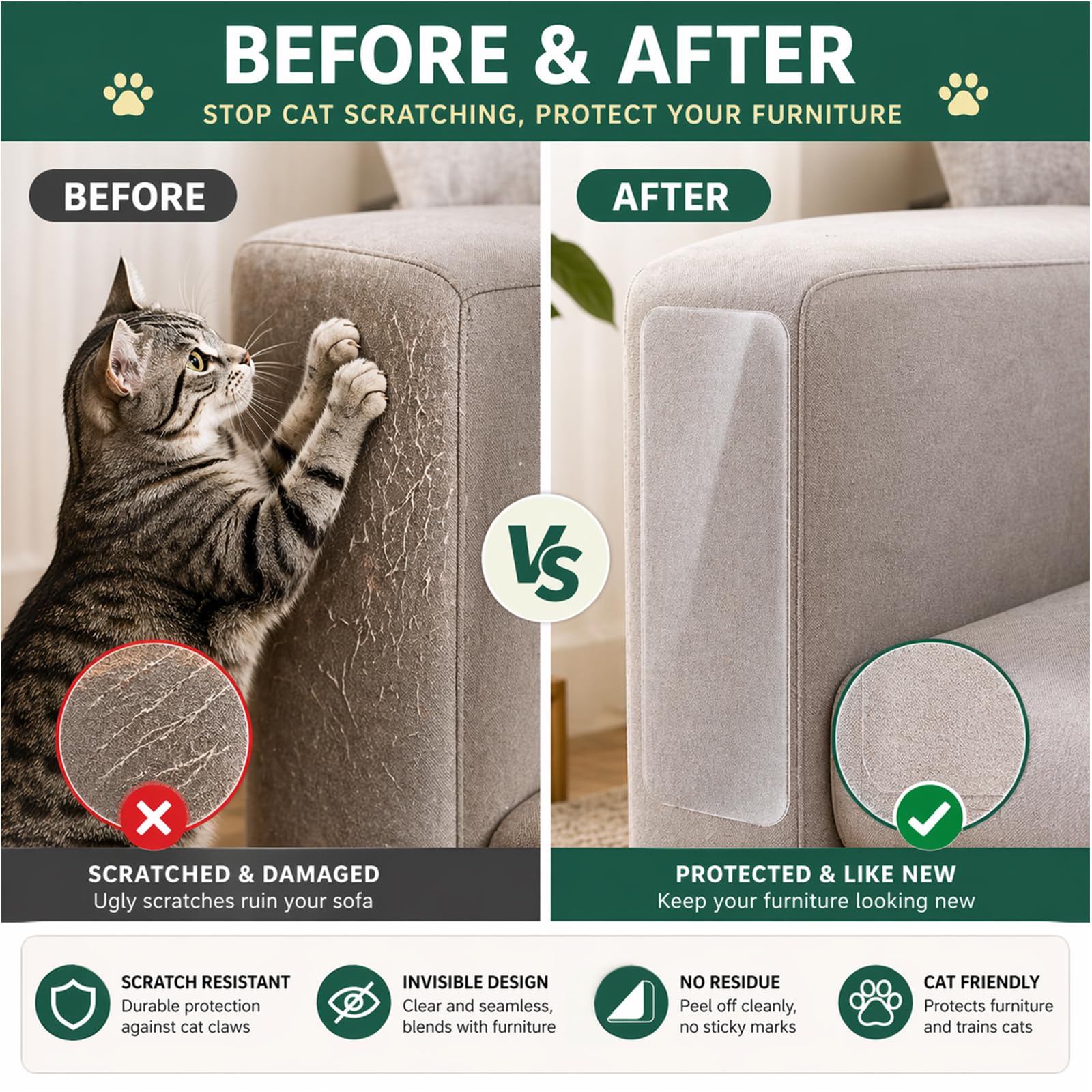 Protector de muebles contra arañazos de gatos, protector de esquina de sofá para gatos, disuasorio de arañazos de gatos para cinta de muebles, protectores de muebles contra arañazos de gatos,