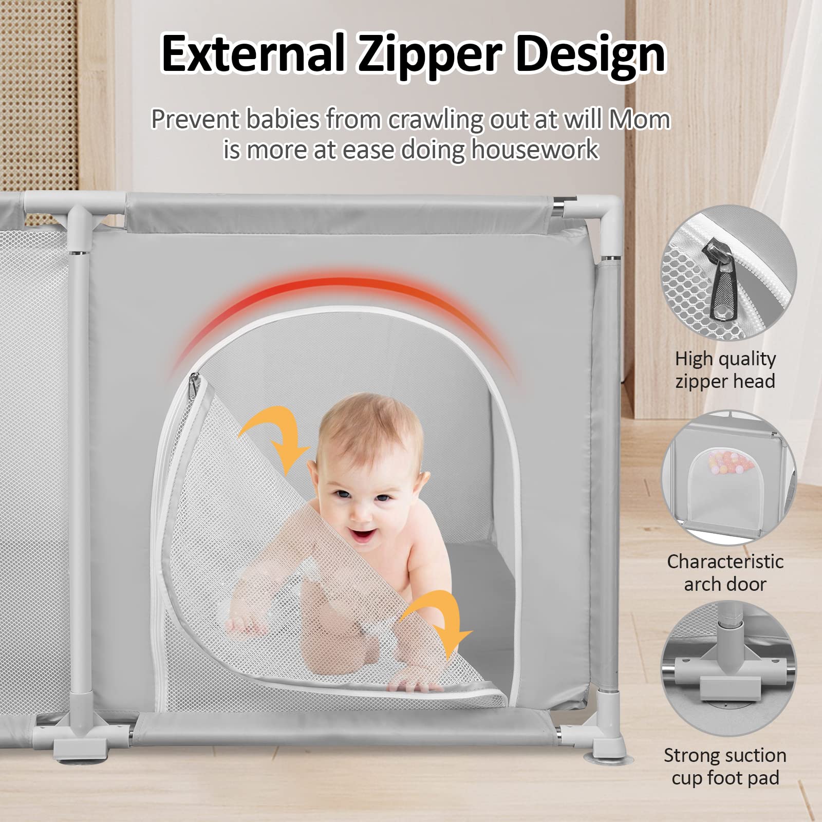 Parc Bébé Démontable Lavable avec 30 Balles, 120x120 cm, Intérieur Extérieur, Grille Protection Gris