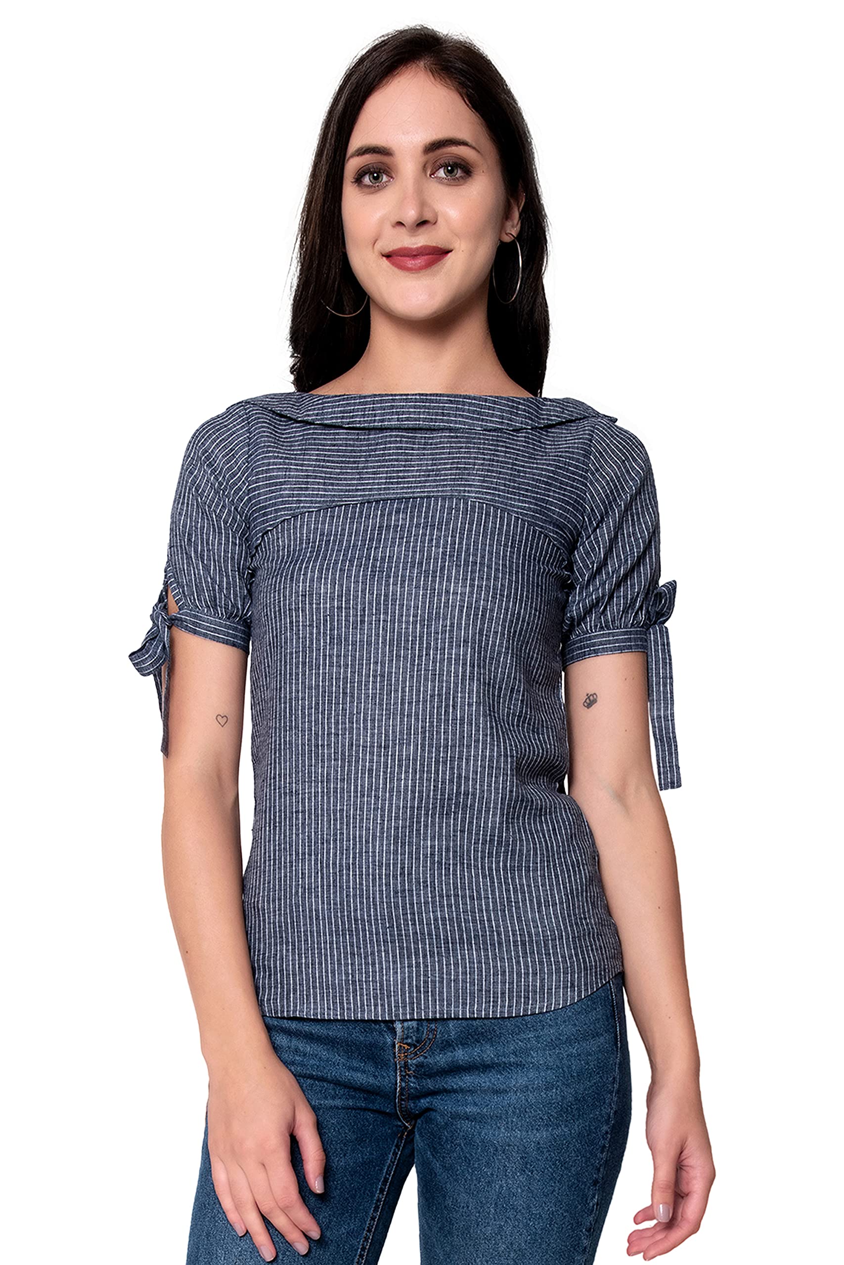GOD BLESS Blue Colored Striped Woven Printed Regular Top