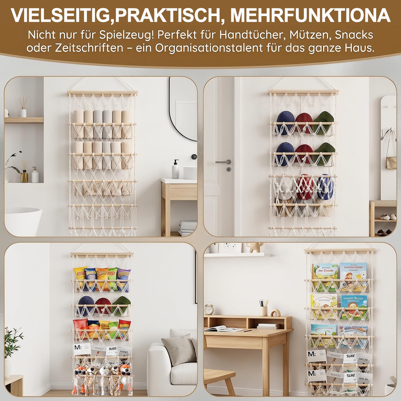 Scettar 52 cm Spielzeug Organizer, 5 Schichten kuscheltier aufbewahrung, Wandmontage & Über der Tür, platzsparende Aufbewahrung mit Haken, Kuschelecke Kinderzimmer Dekoration, auch für Bücher & Snacks