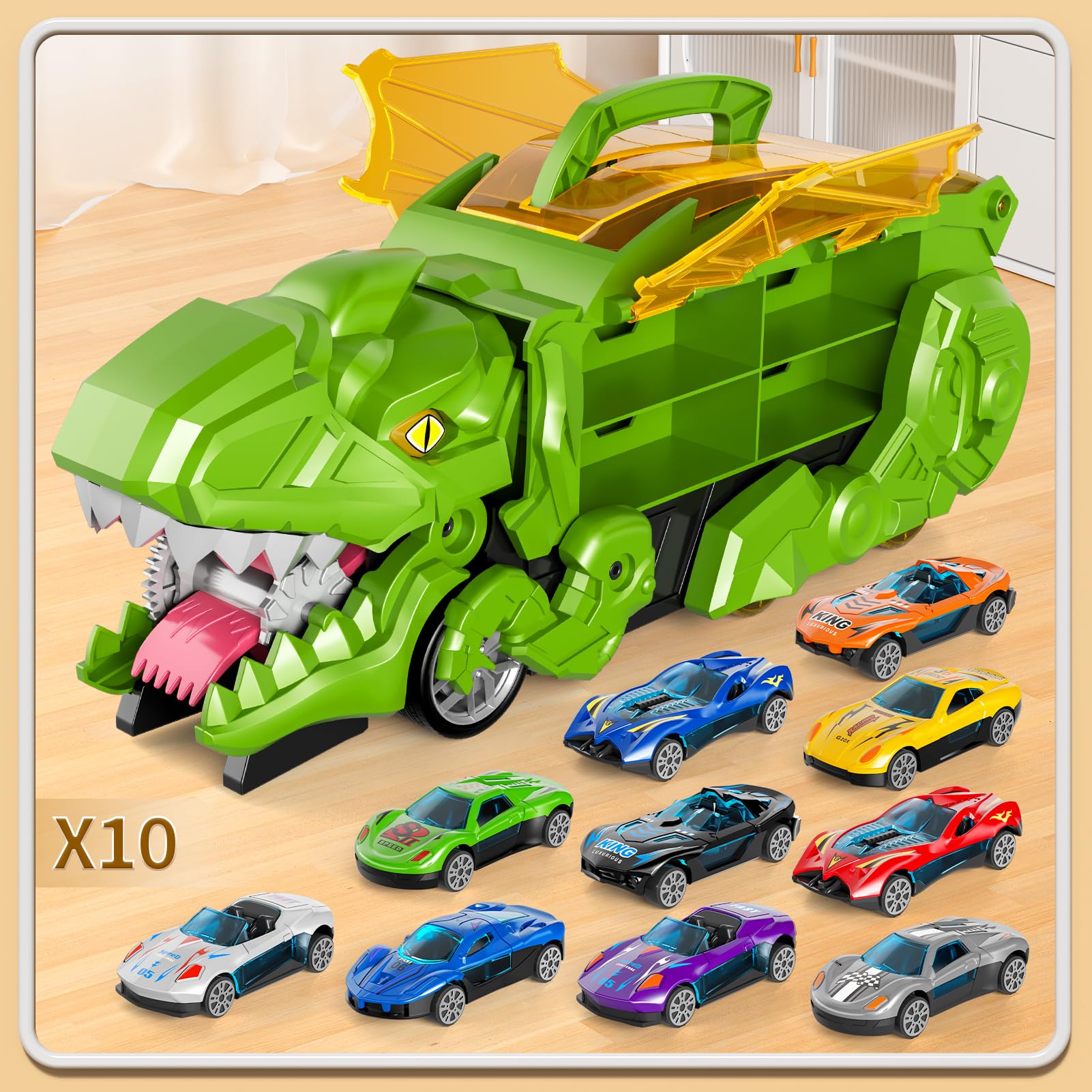 Ci Vetch Juguete de coche para niños de 3 a 6 años, 10 coches fundidos, camión de transporte de dinosaurios, se convierte en dinosaurio, verde
