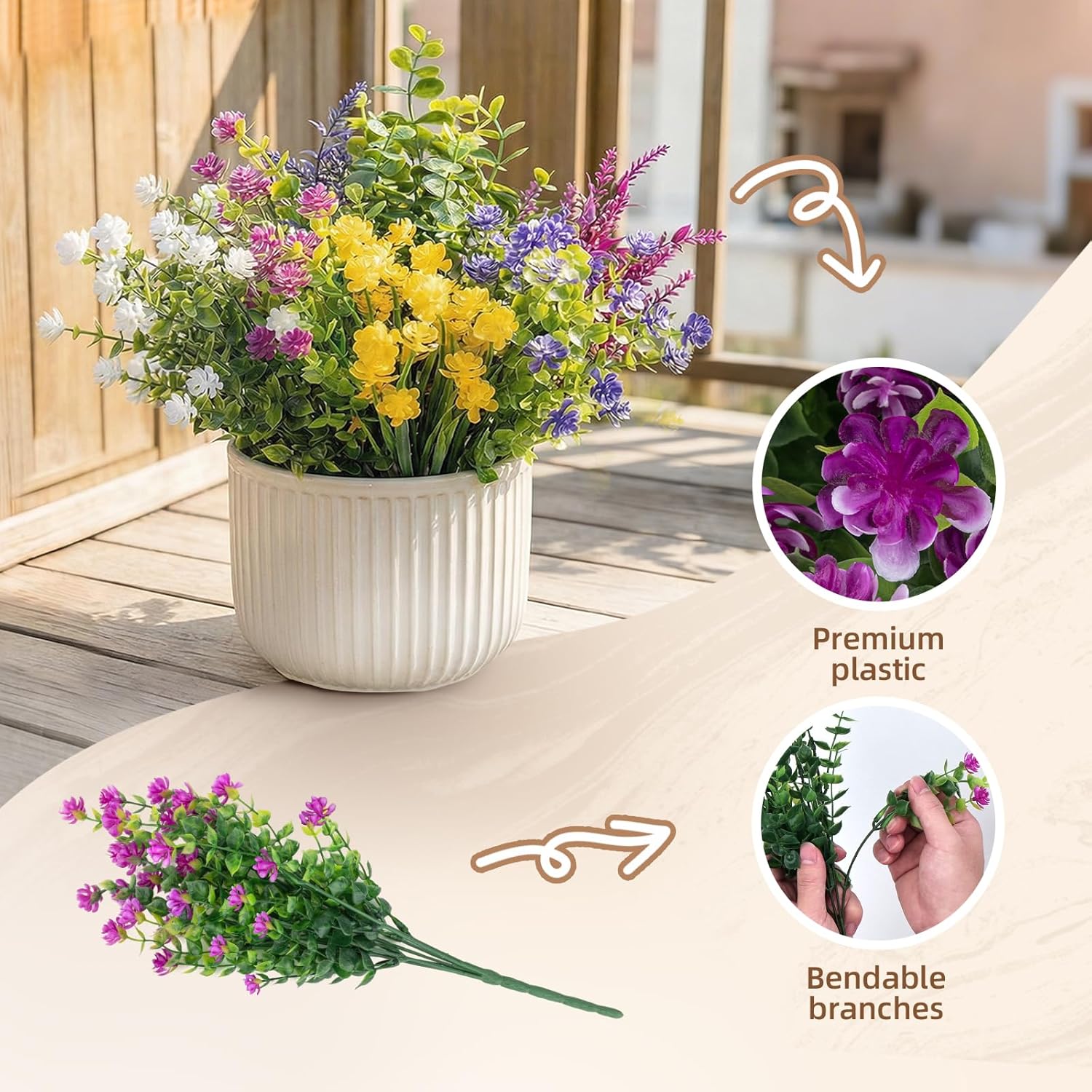 56 Bundles Artificial Flowers for Outdoors, UV Resistant Artificial Outdoor Plants, Faux Plants for Spring Summer Garden, Porch, Window Box, Hanging Planters, Home Wedding Farmhouse (Mix)