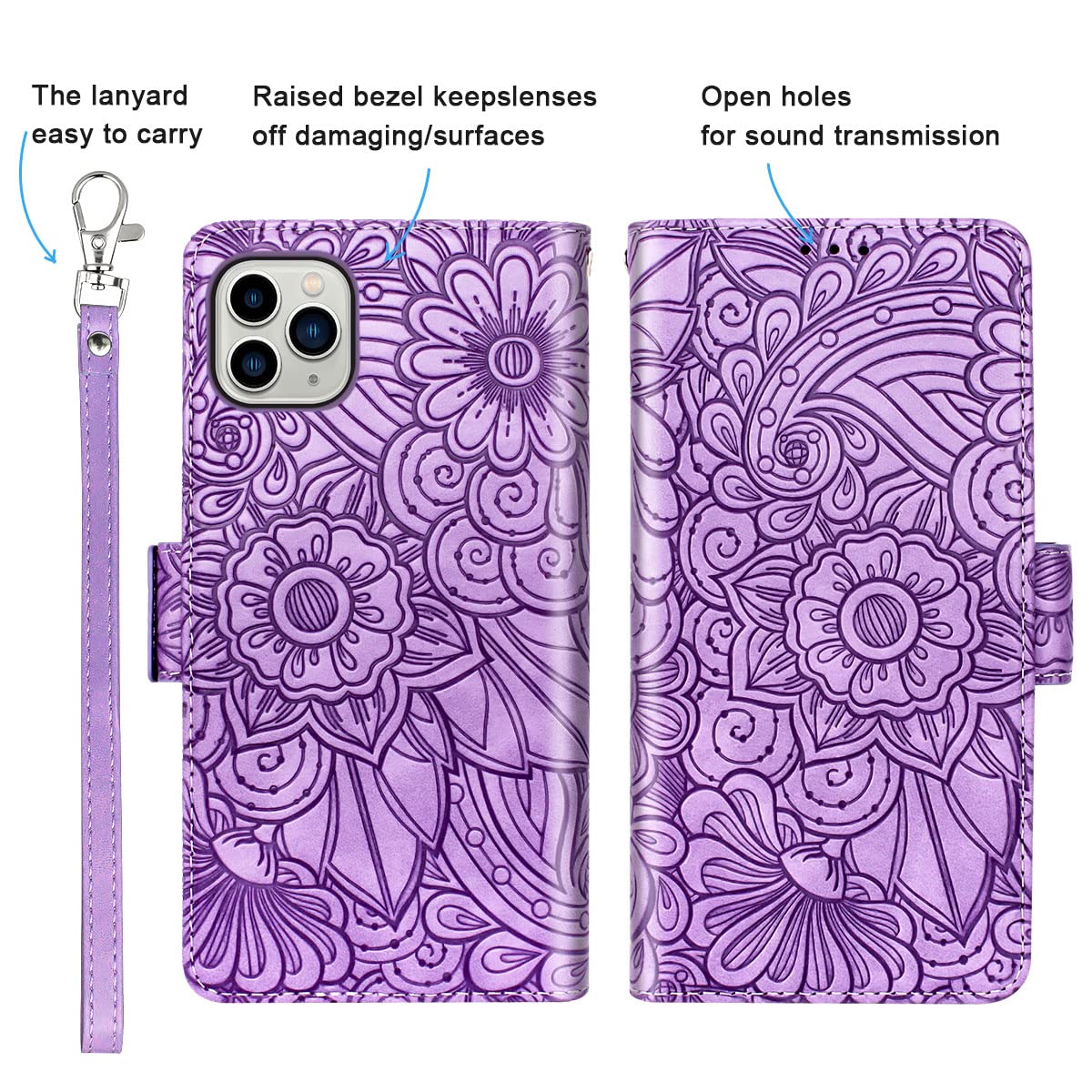 Petocase Compatible with iPhone 11 Pro Max Wallet Case,Luxury Embossed Mandala Floral Leather Folio Flip Wristlet Shockproof Protective Card Slots Phone Case for iPhone 11 Pro Max-Purple