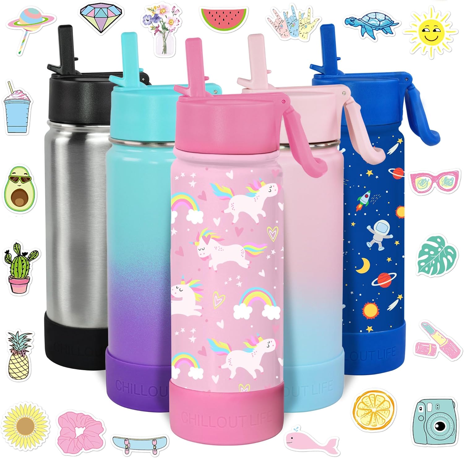 CHILLOUT LIFE 17 oz Kids Insulated Water Bottle for School with Straw Lid Leakproof and Cute Waterproof Stickers, Personalized Stainless Steel Thermos Flask Metal Water Bottle, Pink Unicorn