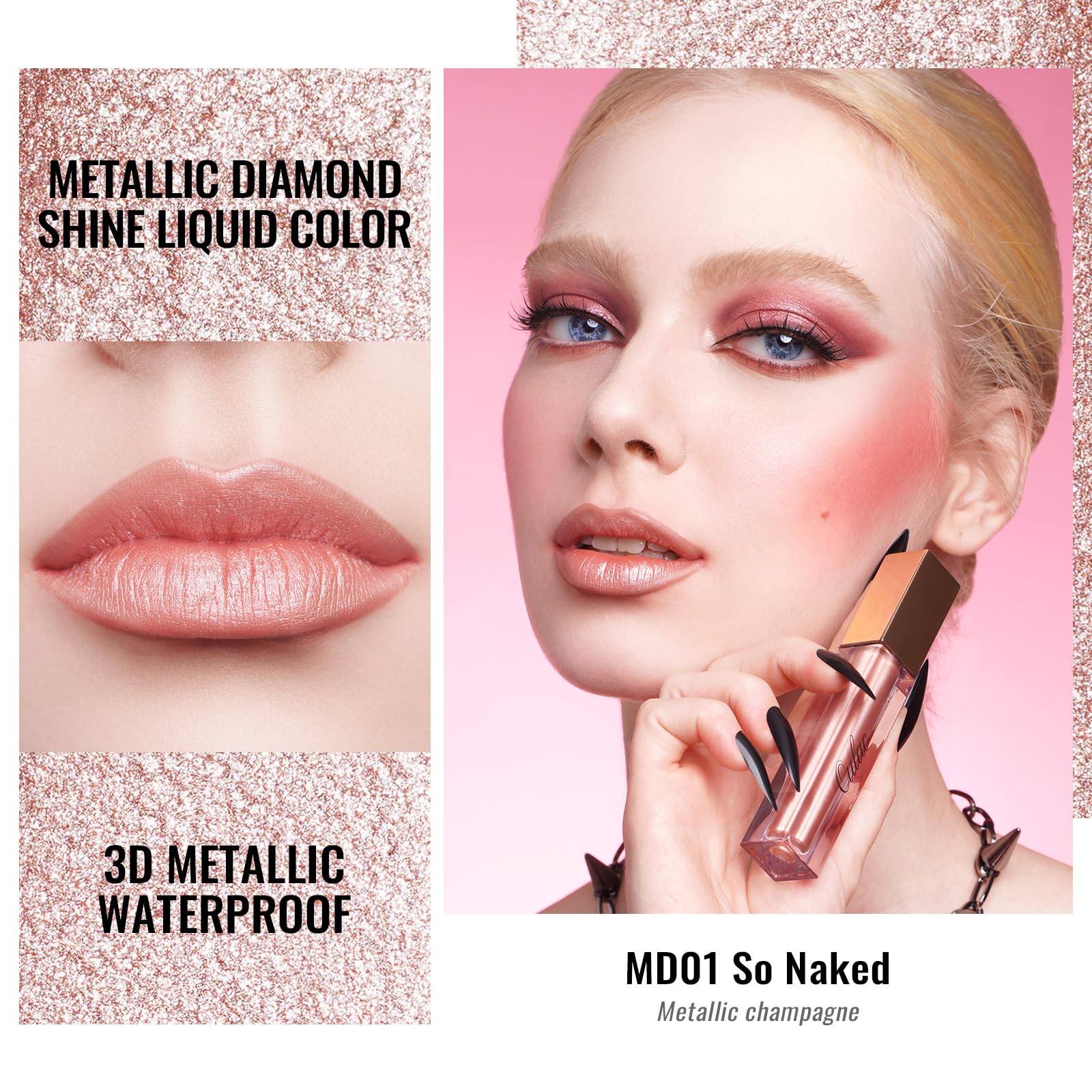 Oulac Metallic Liquid Nude Lip Stain, Lip Gloss & Eyeshadow 2 IN 1, Glitter Long Lasting Lip Color, Waterproof Eyeshadow - Image 2