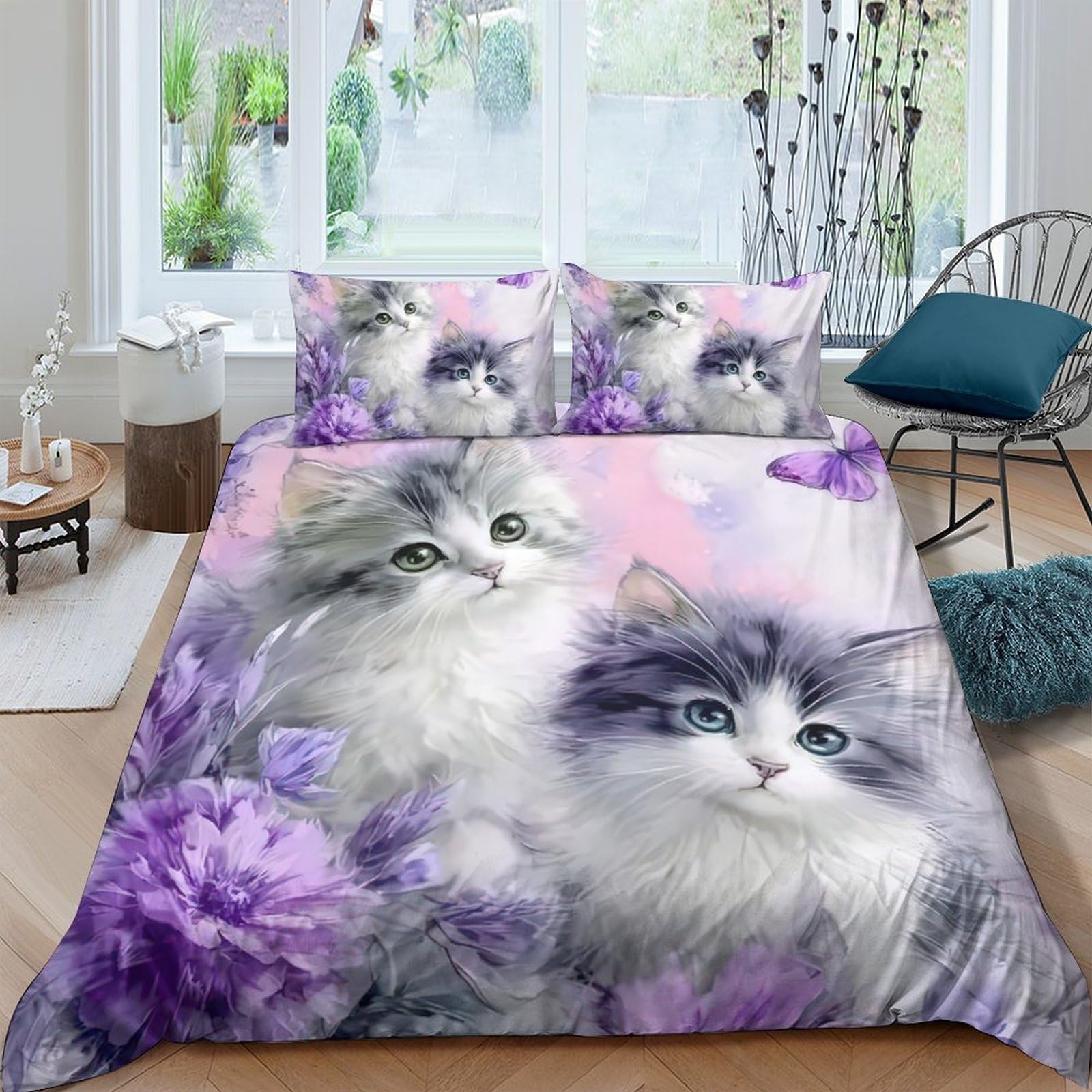 TUFRTGYHN 3D Printed Fluffy Cat Floral Duvet Cover Microfiber Soft Breathable Purple Bedding Set with 2 Pillowcases for Bedroom Decor Single（135x200cm）