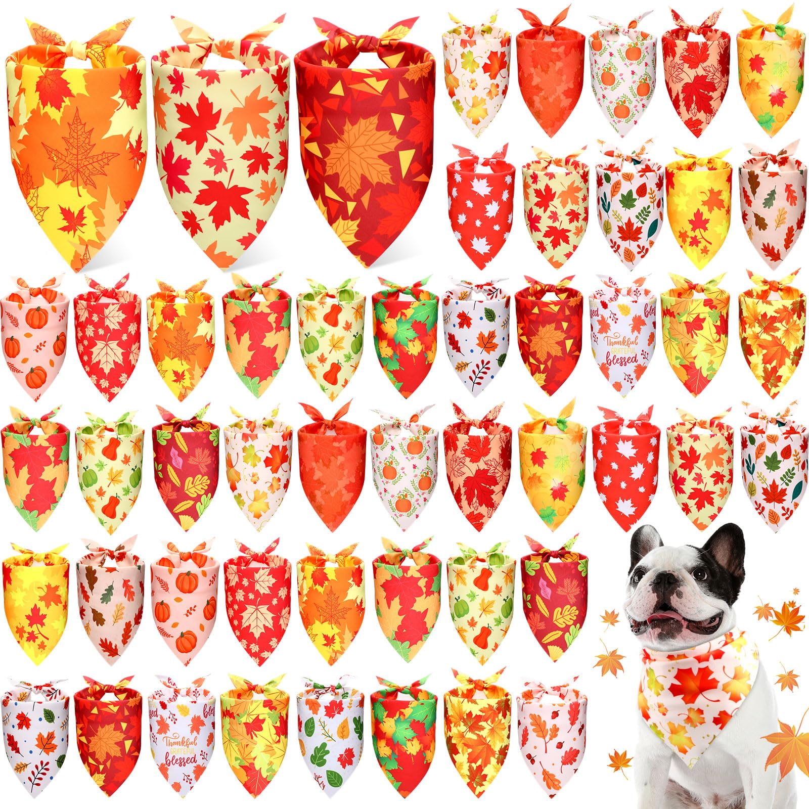 Preboun 50 Pcs Fall Dog Bandanas Bulk Autumn Bandanas for Dogs Doggie Triangle Scarf Bibs with Maple Leaves Pumpkin Patterns for Small Medium Large Pets Costume Accessories(25.6 X17.7 x 17.7 Inch)