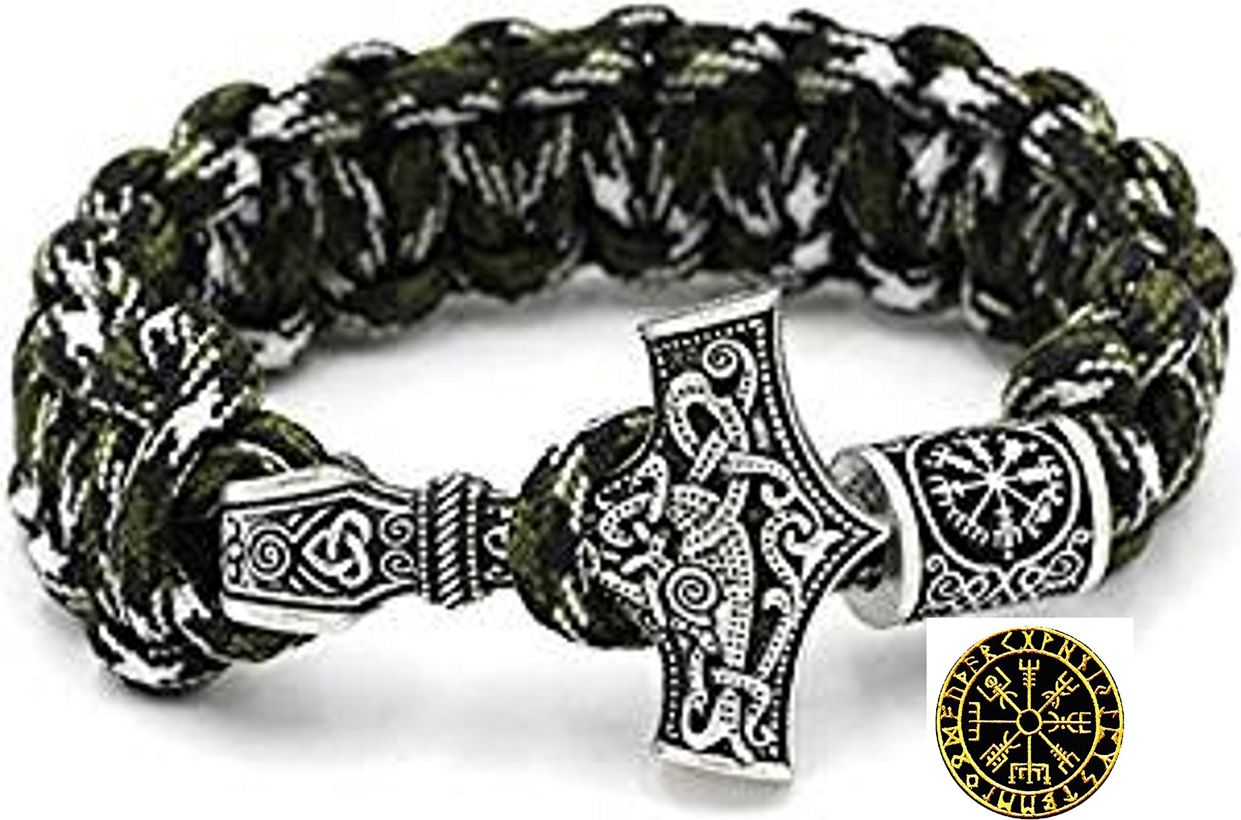 Military Paracord bracelet green camouflage outdoor Viking Thor's hammer antique silver coloured 100 % handmade, 25 cm with Viking compass rune beads