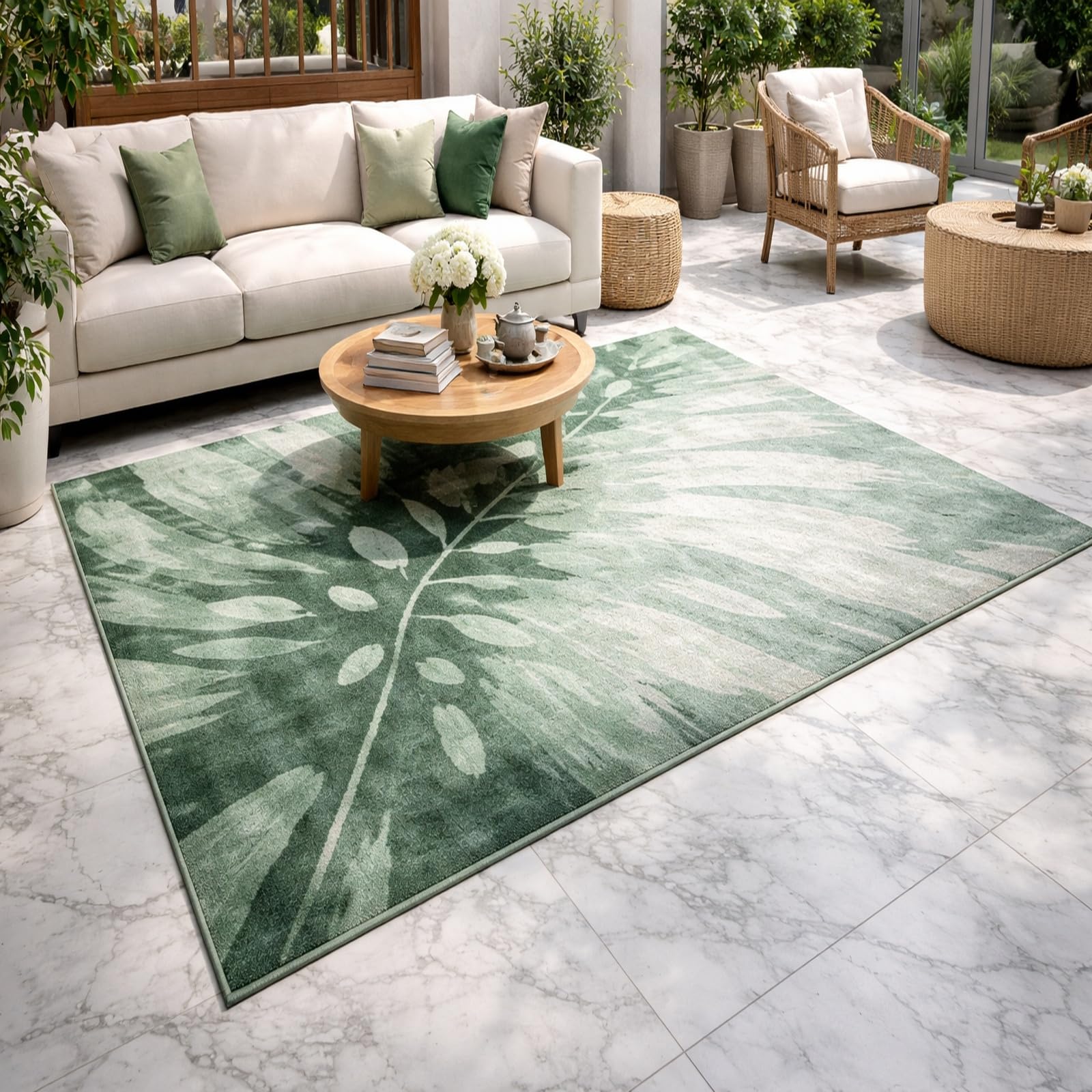 Tapis de salon moderne vert floral 170x240cm idéal pour la terrasse