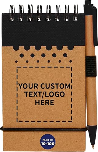 DISCOUNT PROMOS Paquete de 100 cuadernos pequeños en espiral reciclables, texto personalizable, logotipo, 60 páginas rayadas, color negro