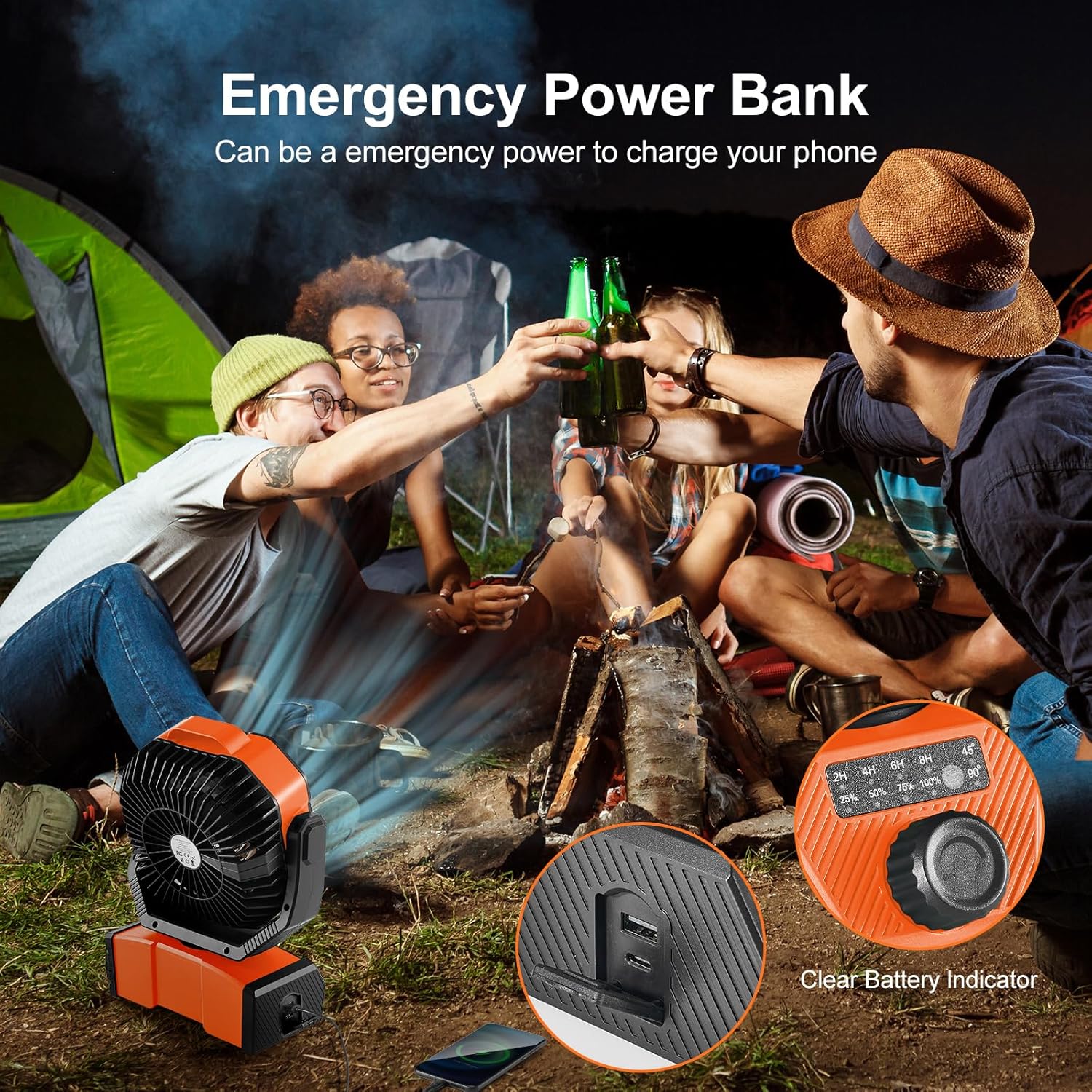 Odoland 40000mAh Camping Fan with LED Light, Battery Operated Oscillating Desk Fan with Remote & Hook, Rechargeable Outdoor Tent Fan with Timer for Hurricane Power Outage Travel Jobsite RV, Orange - Image 7