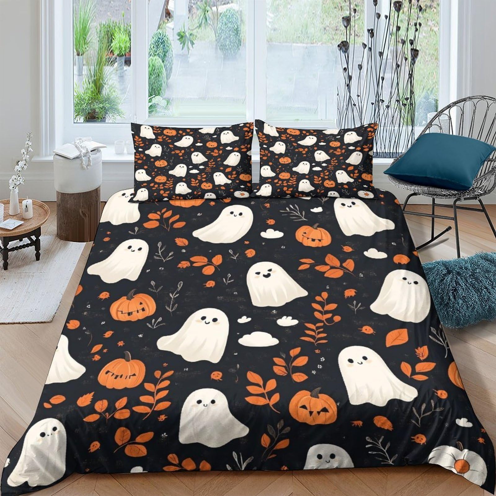 GPLZQXKJNH 3D Printed Halloween Ghost Duvet Cover Microfiber Orange Pumpkin Bedding Set with 2 Pillowcases for Bedroom Decor Single（135x200cm）